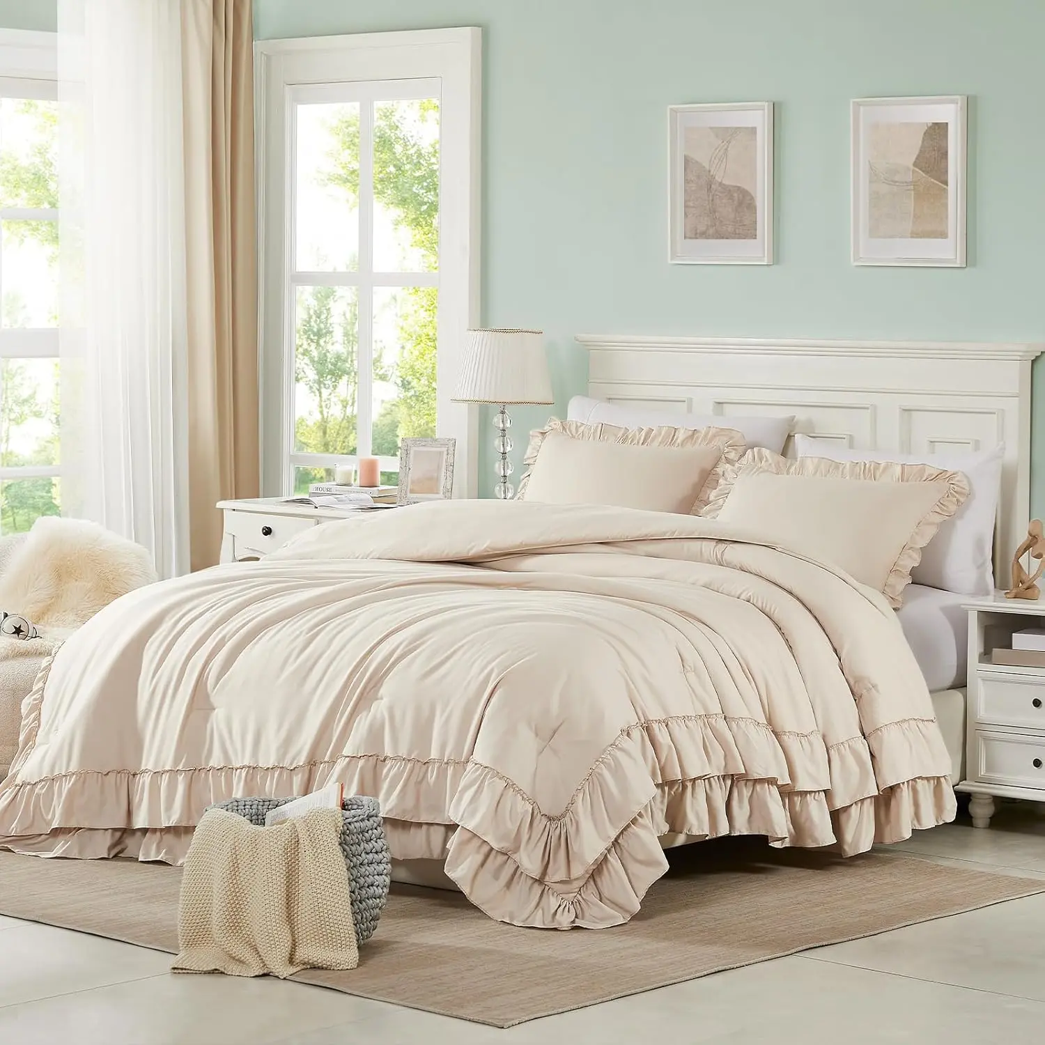 Beige Queen Comforter Set, 3Pcs Comforters Ruffle Farmhouse Bedding Sets Queen with Comforter, Lightweight Soft Bedding Comforter Set for All Season