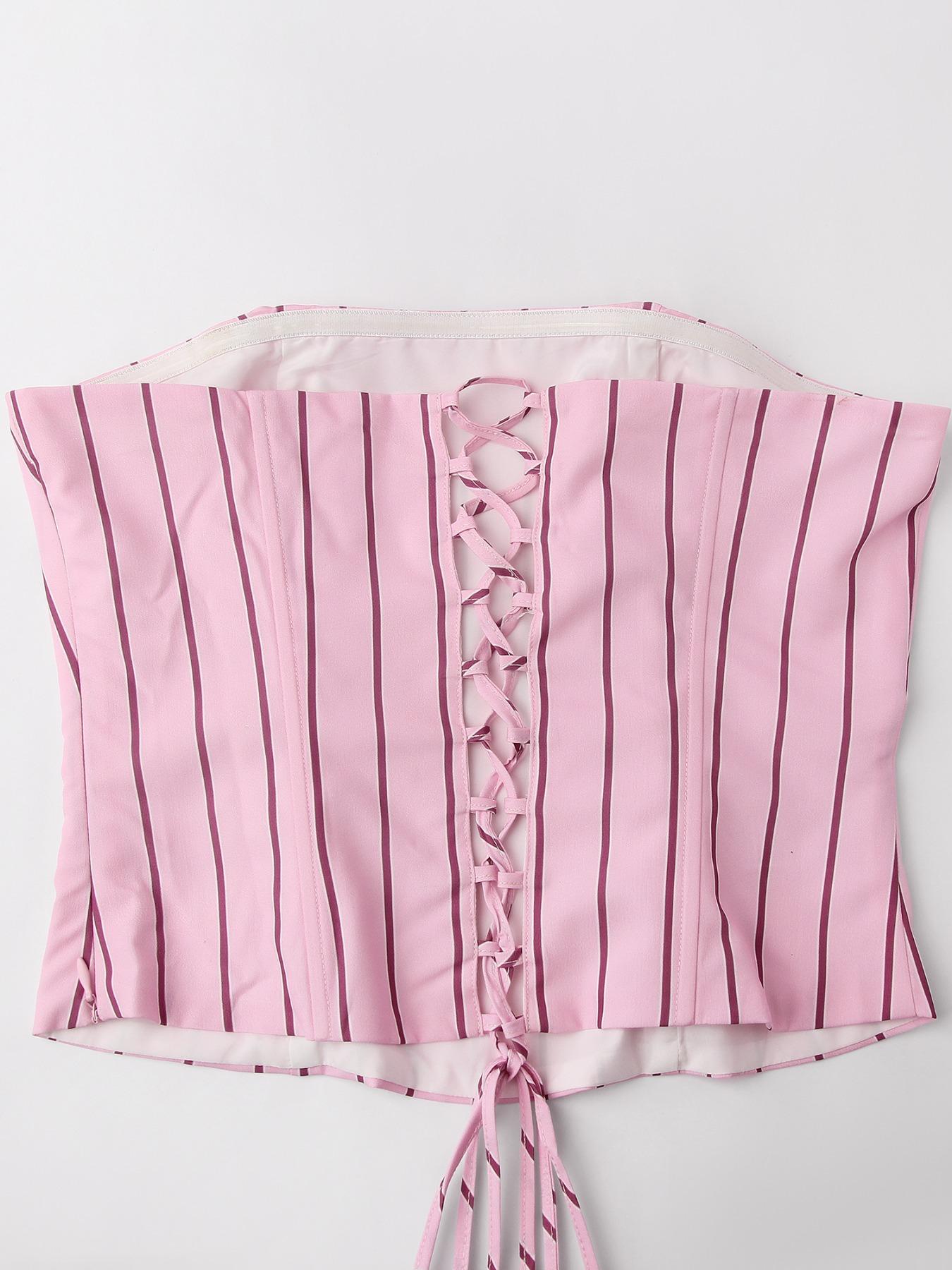 Women Striped Strapless Fitted Corset Top & Wide Leg Pants 2 Piece Set Sexy Daily Outfits Women Sets