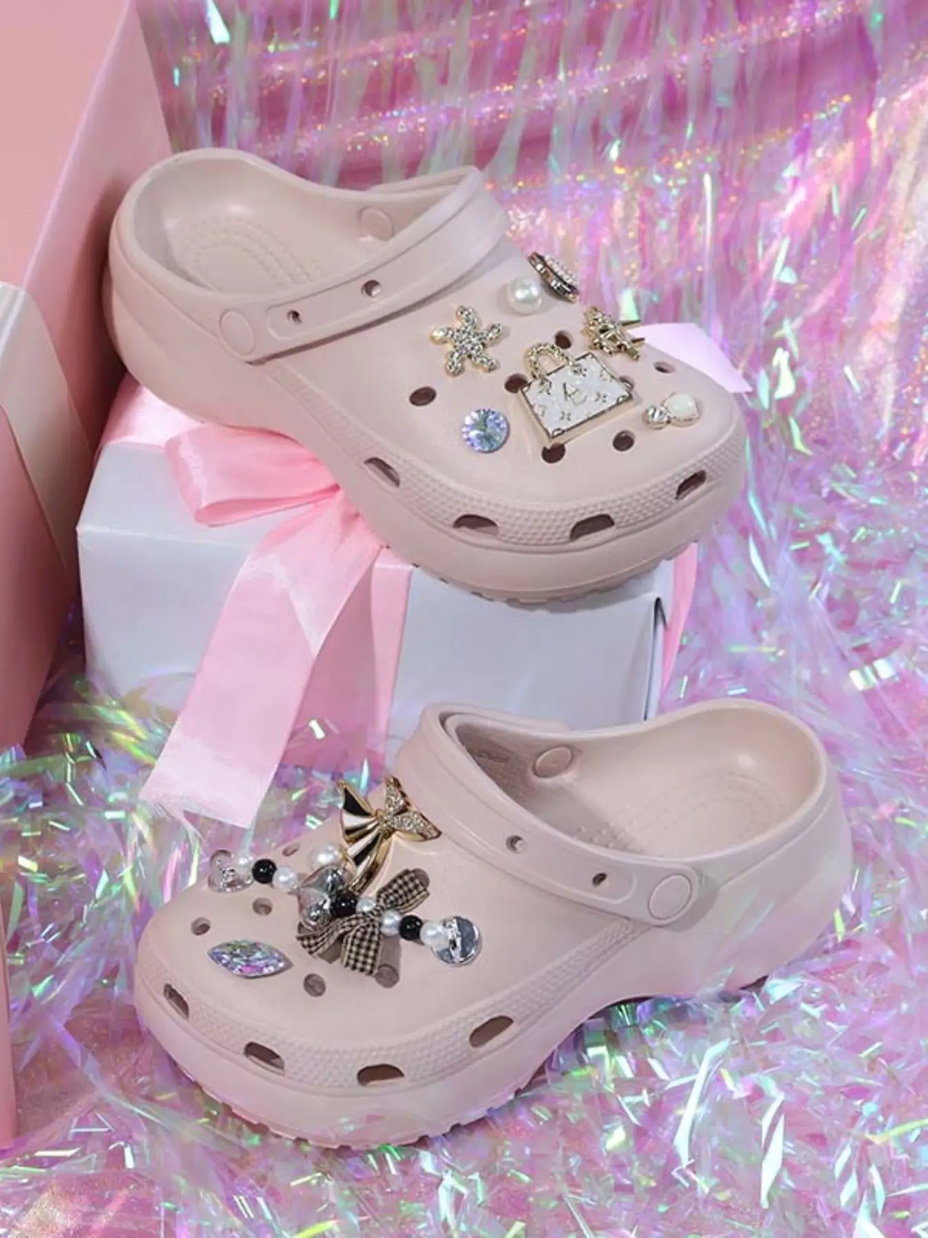 Cloud Thick Sole Eva Holes Shoes for Women, Detachable Rhinestones Pearl Heart Bag Shoe Flower, Waterproof Lightweight Sandals, Eva Slippers, Thick Soled Slippers, Summer Slippers