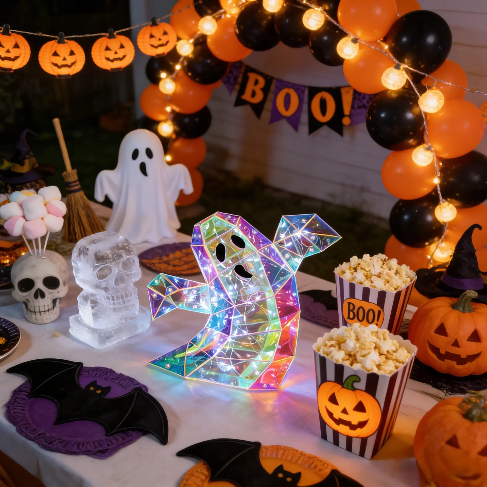 Laser Iridescent Color Changing Ghost LED Lamp Halloween Desktop Ornament, Transparent Laser Glow Ghost Night Light, Battery Powered Spooky Bedside Table Decor, Indoor Bedroom Shelf Bar Haunted House Trick Or Treat Party Layout Prop, Cute Spooky Holiday A