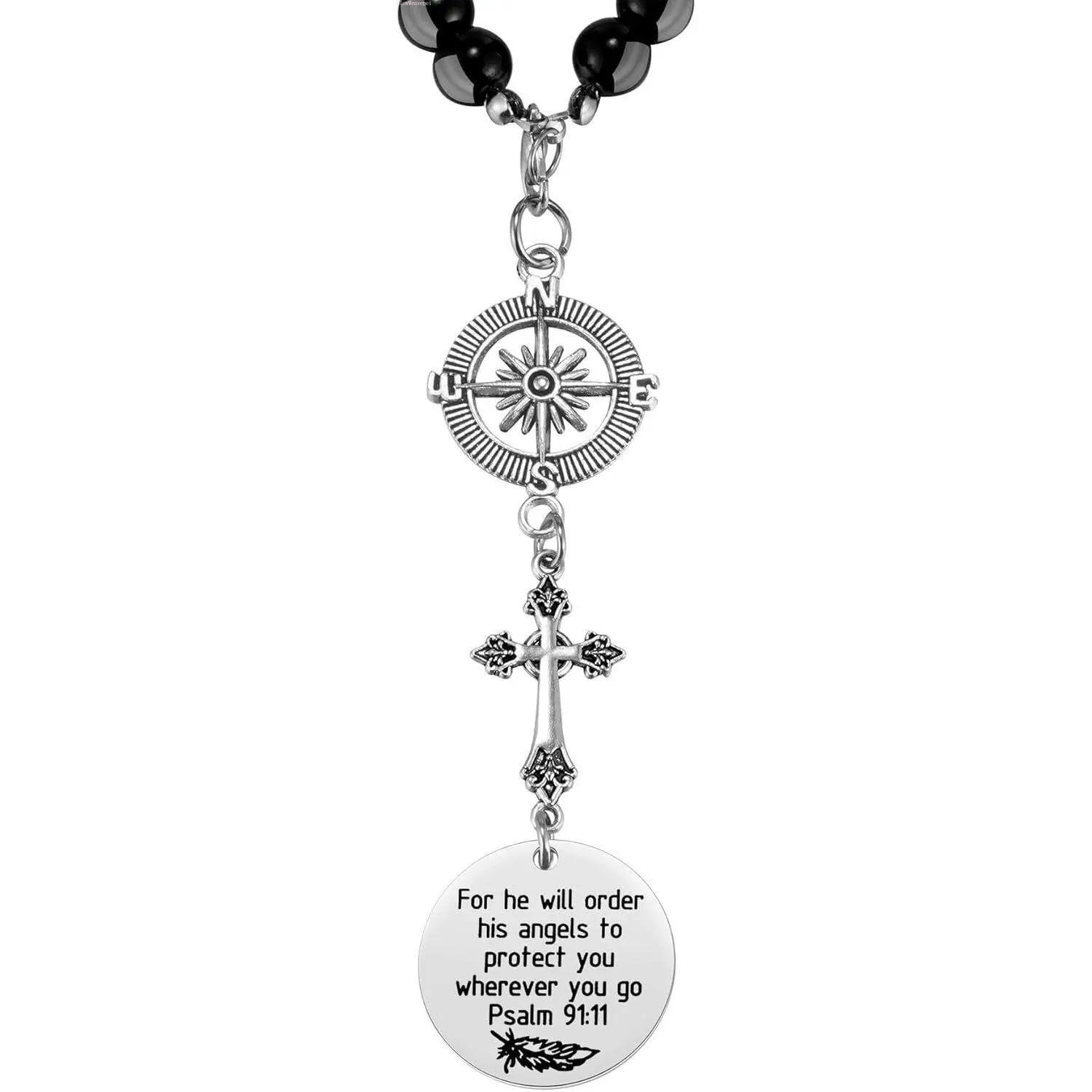 Unisex New Driver Cross Car Charm Psalm 91 Protection Bible Verse Compass Silver Metal Pendant Black Beads Rear View Mirror Decor Aesthetic Auto Accessories Meaningful Gift Religious Vehicle Hanger, Car Accessories, Accessories For Car