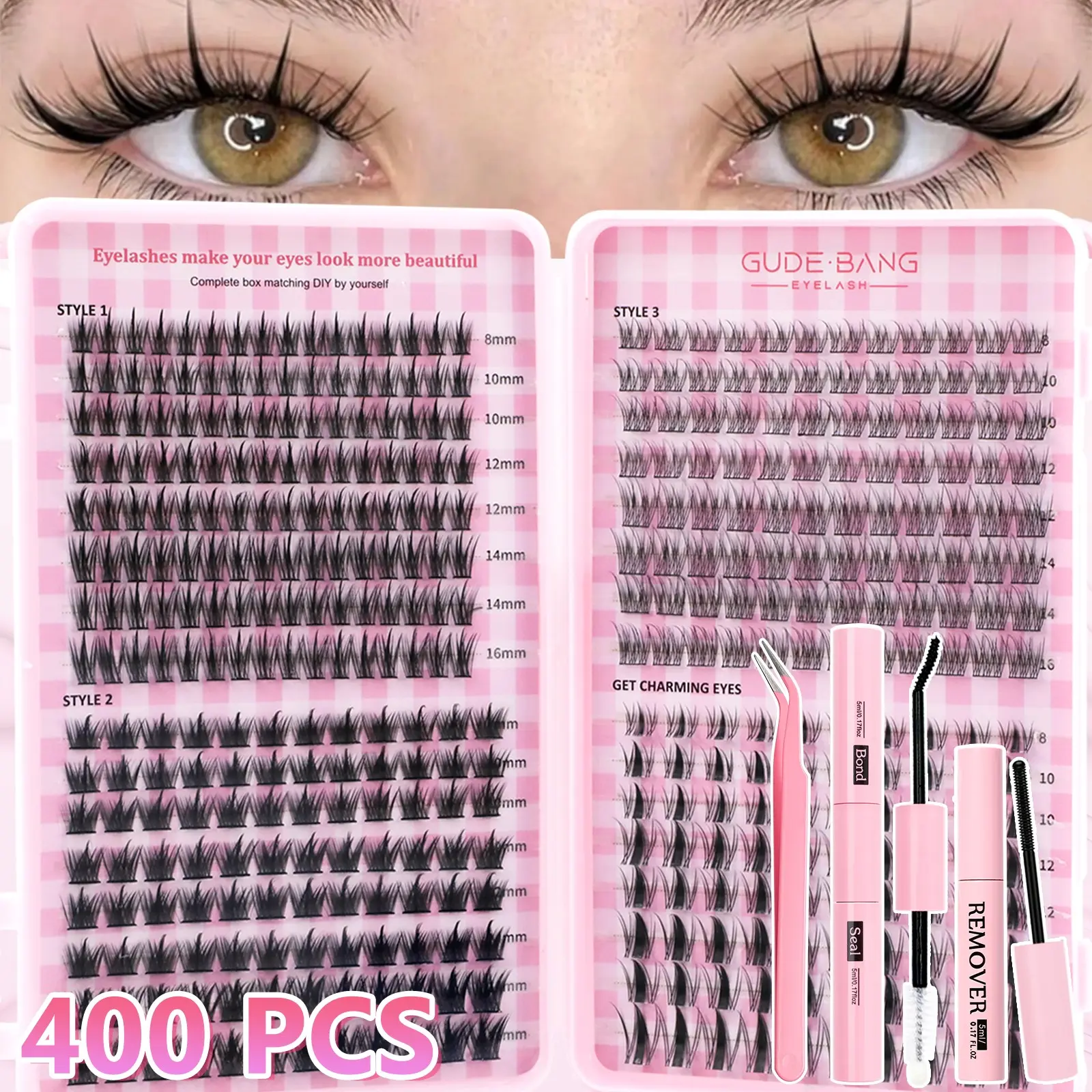 Angel False Lashes Set, 400 Pieces D Curl Fluffy Lashes, DIY Extension Kit with Glue, Tweezers, Remover, Perfect for Daily Use, Gifts