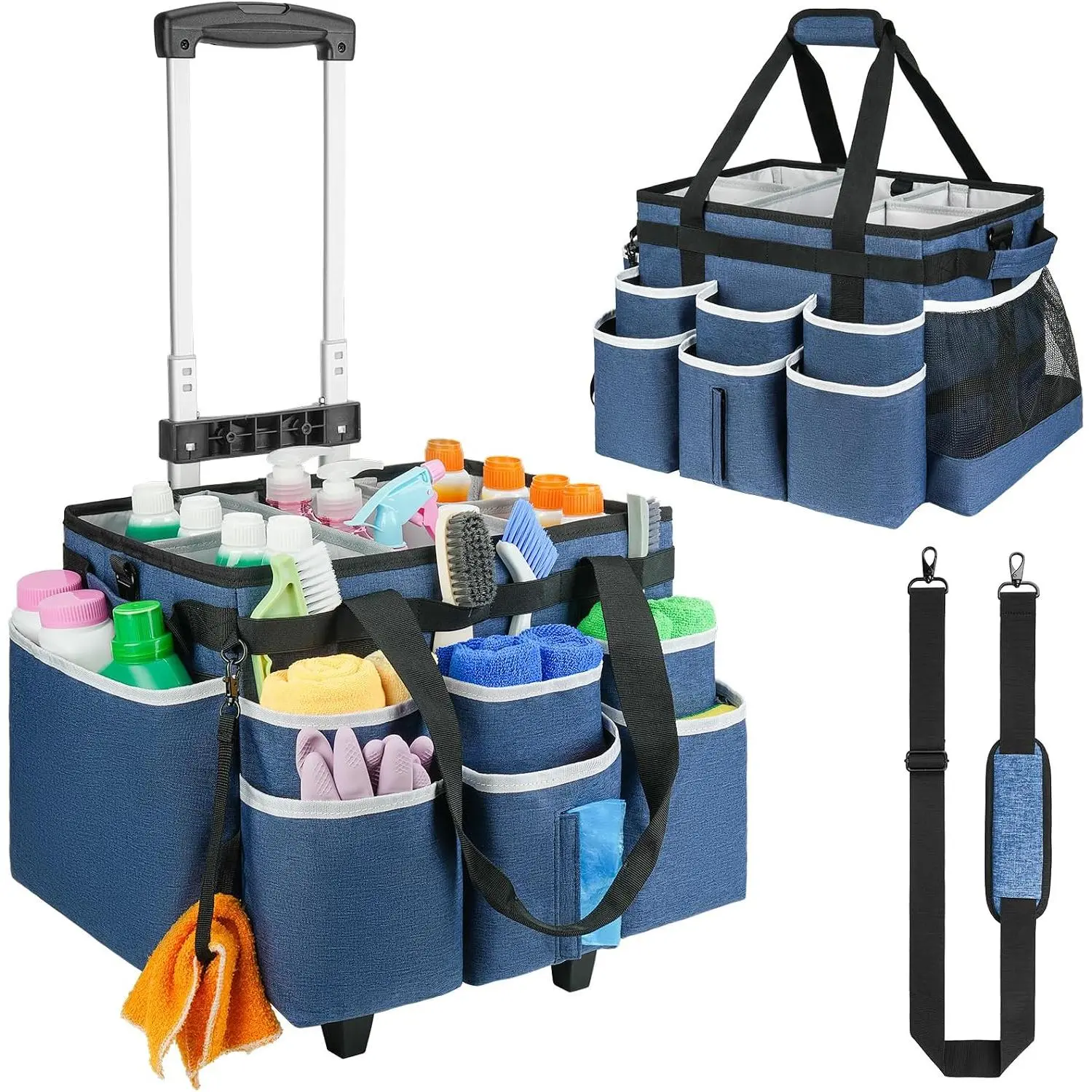 Large Rolling Cleaning  Bag with Detachable Trolley,Cleaning Cart  Wheels with  Strap,Cleaning Supplies Organizer for Housekeepers,Blue