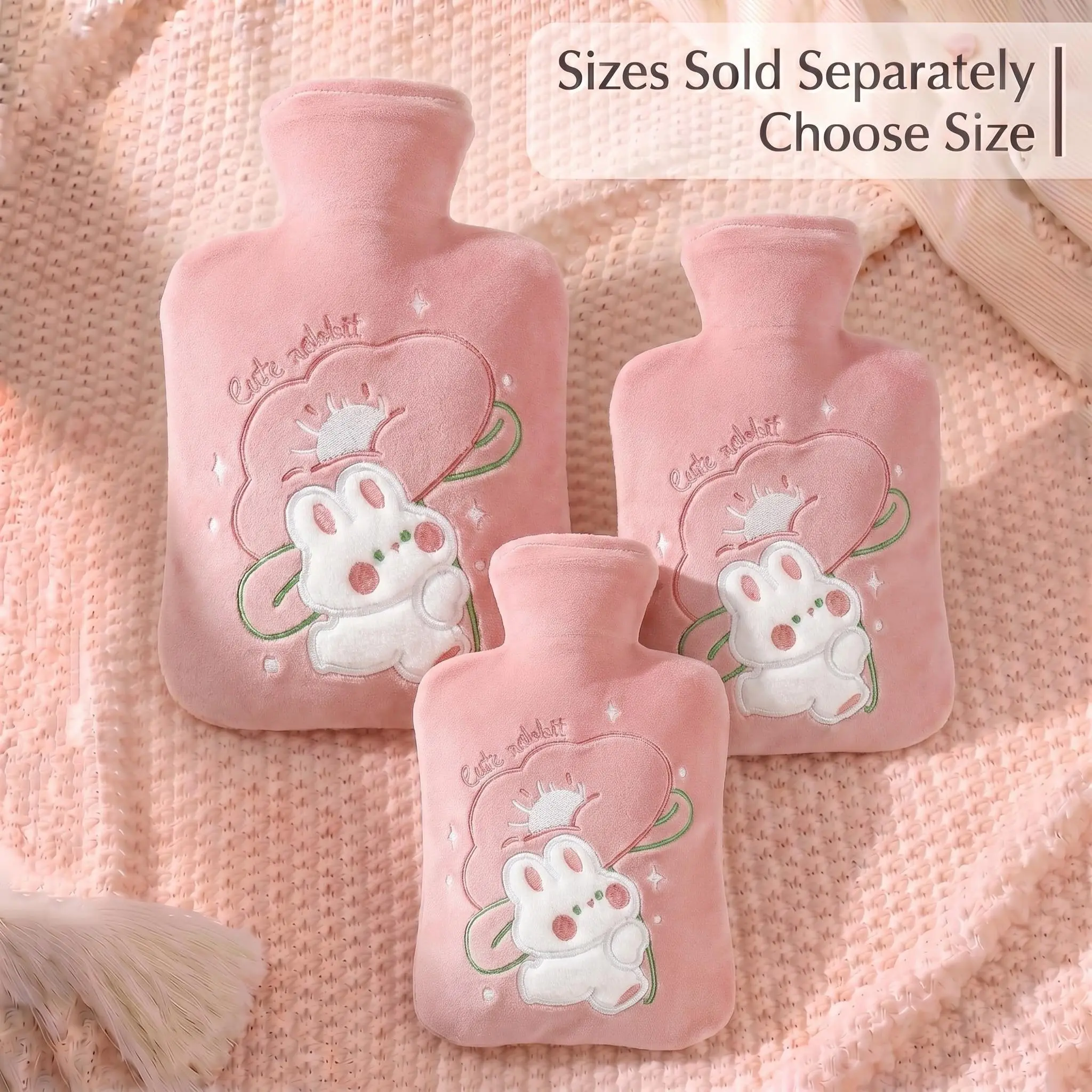 Cartoon Hot Water Bag, Heat Pack, Embroidered Cute Rabbit Plush, Anti-Burst PVC Inner Lining, 500ML 1000ML 2000ML, Pain Relief, Portable Gift