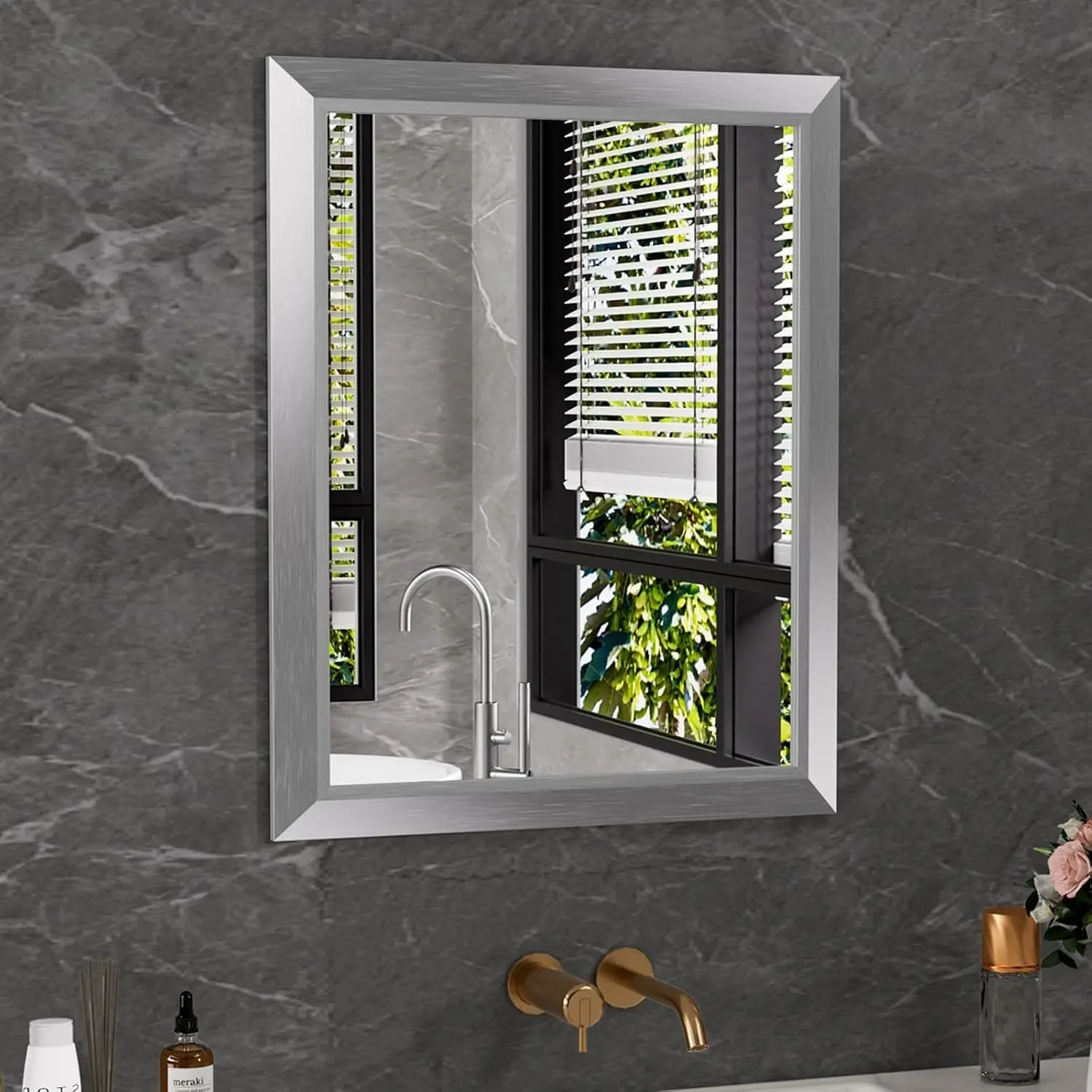 Bathroom Mirror for Wall, 24x30 Inch (Brushed Silver) | HD Reflection, Tempered Glass, Thick Metal Framed Rectangle Mirrors for Over Sink, Bedroom, Living Room, Entryway, Anti-Rust