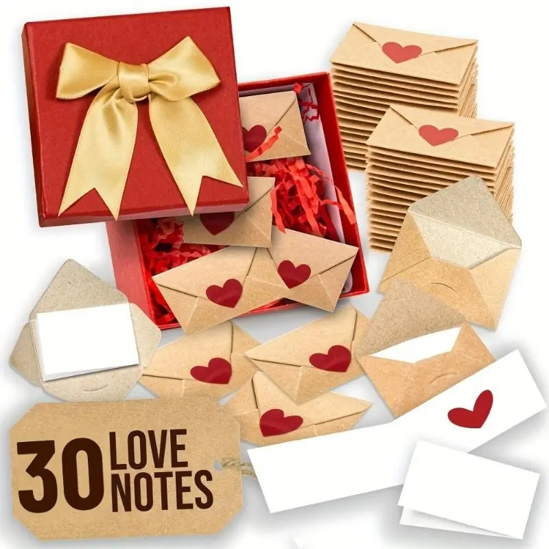 30/60 Pcs Mini Envelopes with Heart Stickers, No Gift Box,Back to School & Christmas Greeting Gift, Tiny Love Note Cards, Grad Cards, Class Valentine Cards, Cute Present for Mom, Friends, Him & Her