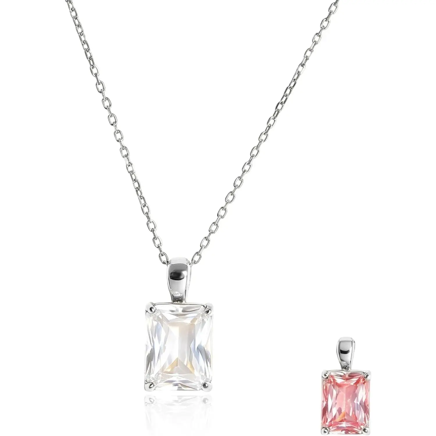 Dainty Synthetic Alexandrite Cubic Zirconia Pendant Necklace, Fashion Stainless Steel Rectangle Color Change Solitaire Necklace for Women Silver