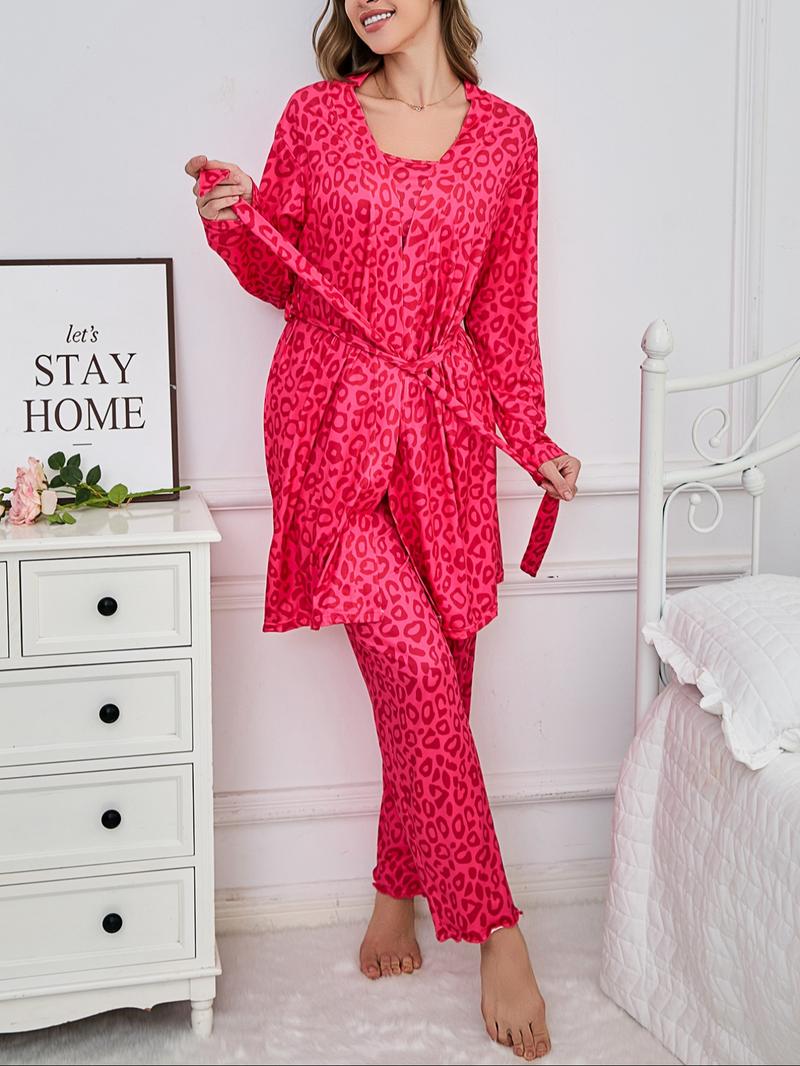 Women's All Over Leopard Print Pajama Three-Piece Set, Casual Comfy Lounge Set for Women, Comfy Loungewear Set for Daily Home Wear