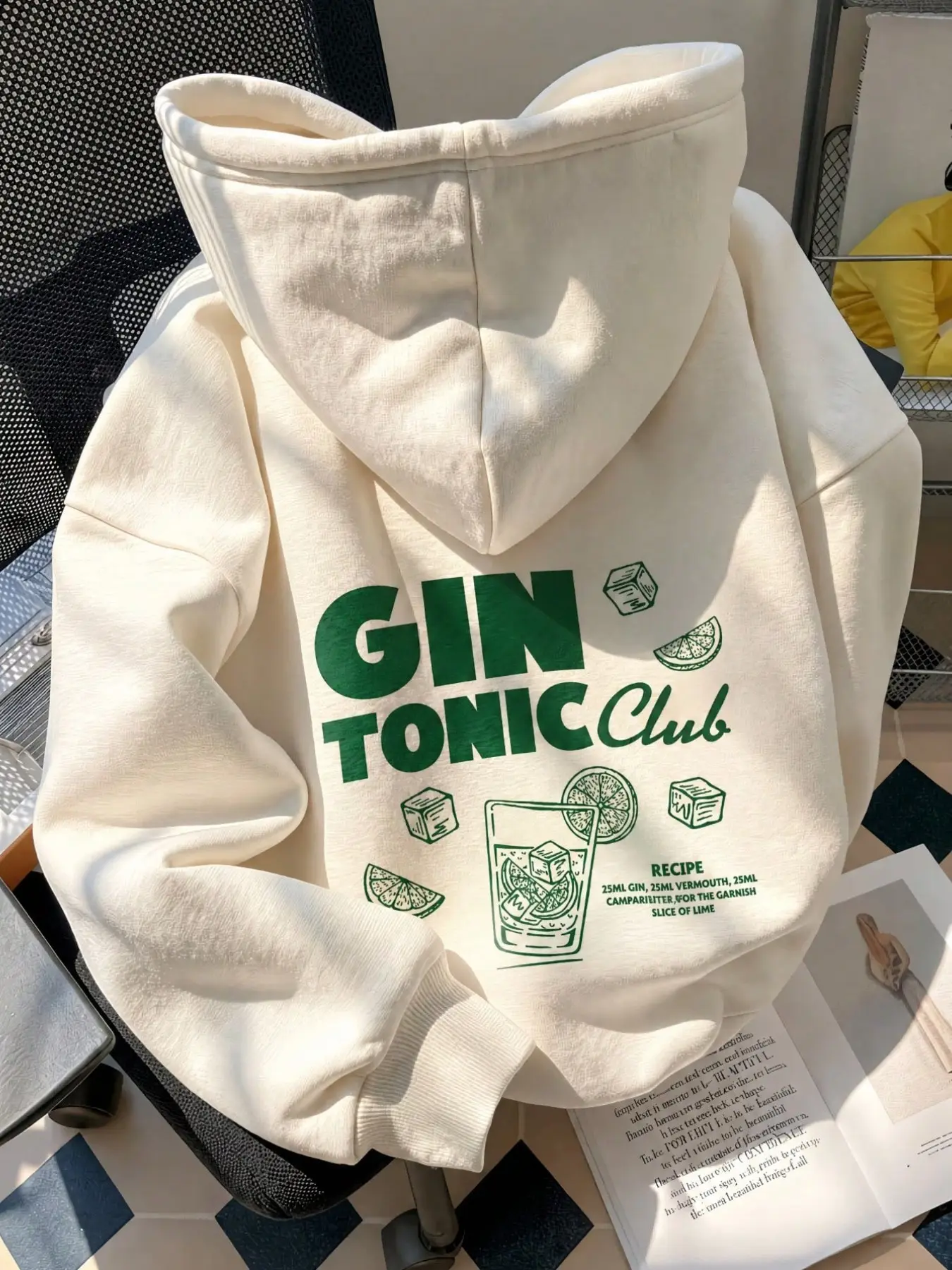 Vintage American Gold Tonic Cocktail Print Hoodie with Letter and Lime Ice Handdrawn Design, Soft Thick Fleece, Loose Fit Casual Sweatshirt for Trendy Daywear and Casual Outings