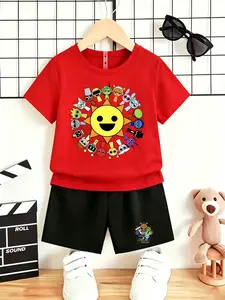 Trendy Sprunki Rhythm Box Graphic Kids Clothing Summer Set, Purple Tee & Black Shorts Casual Suit for Daily/School Wear Multi Colors Available#Sprunki Teen Fashion #Kids Two Piece Set #Must Have Boy Outfit
