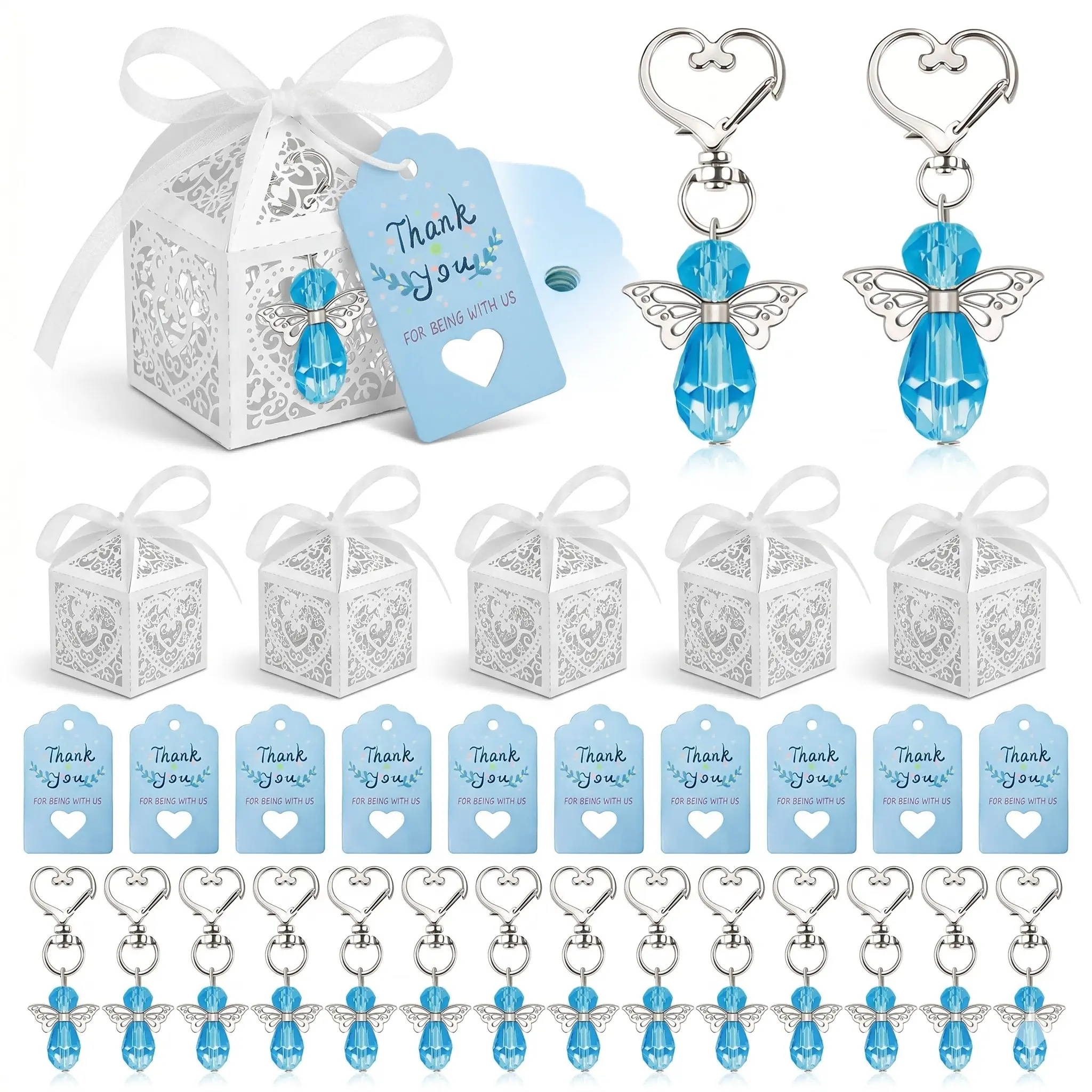 12 Sets Blue Crystal Angel Keychain Favors, Baptism & Baby Shower Party Gifts, Laser Cut Boxes, Thank You Tags, Organza B