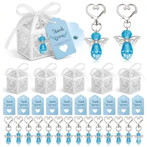 12 Sets Blue Crystal Angel Keychain Favors, Baptism & Baby Shower Party Gifts, Laser Cut Boxes, Thank You Tags, Organza B