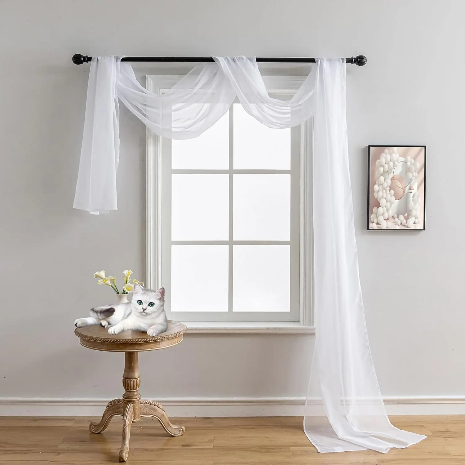 30Ft Extra Long Sheer Window Scarf Valance - 37W x 360L 1 Panel, White Sheer Draping Fabric for High Ceiling, Wedding Arch Backdrop, Party Stage, Photography,Bed Canopy,Living Room Bedroom Decor