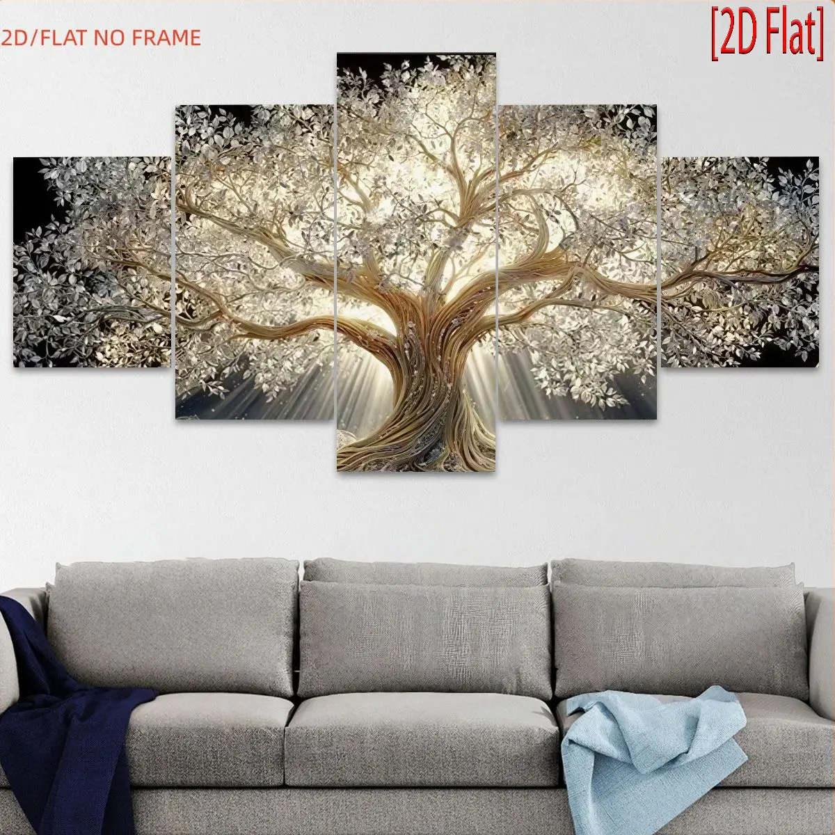 5-piece gold-plated life tree canvas wall art decoration set, suitable for home decoration, dining room, office, gallery, bedroom, living room, sofa background decoration, Easter, Mother's Day, graduation season