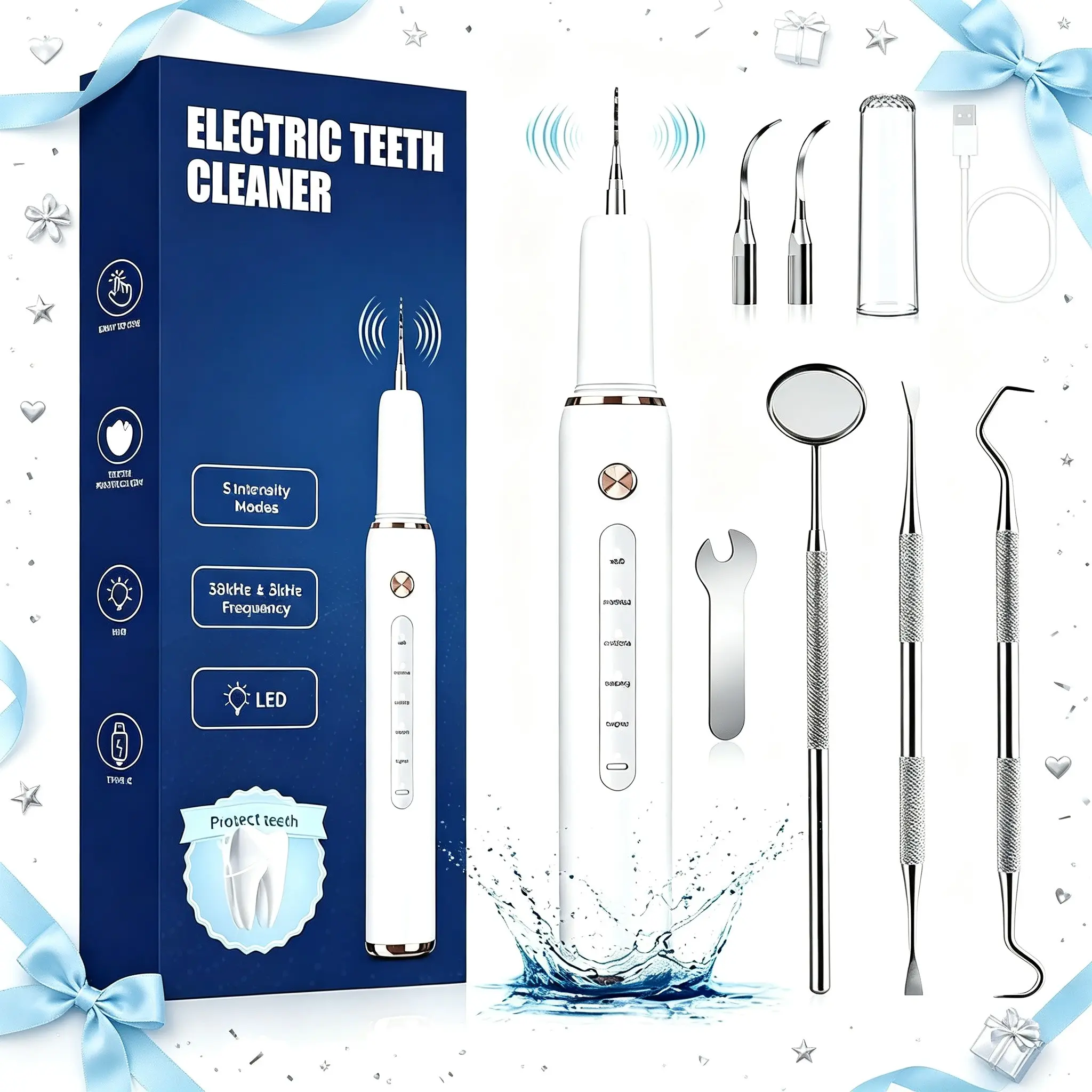 Ultrasonic Rechargeable Electric Teeth Cleaner Kit with LED Light, 5 Adjustable Intensity Modes Plaque Tartar Calculus Remover, Complete Stainless Steel Dental Tools Set for Adults, Teens & Home Oral Care Enthusiasts, IPX6 Waterproof Teeth Stain Cleaning