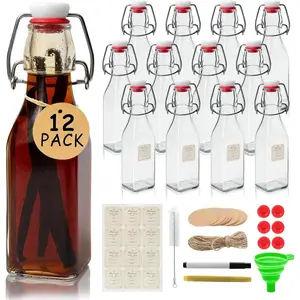 Ruckae Square Swing Top Glass Bottles with Lids Kombucha Coquito Flip Top Glass Bottle for Syrup Vanilla Extract Brew Beer Kefir Air Tight Bottles for Gift (8.5 oz 12 pack)