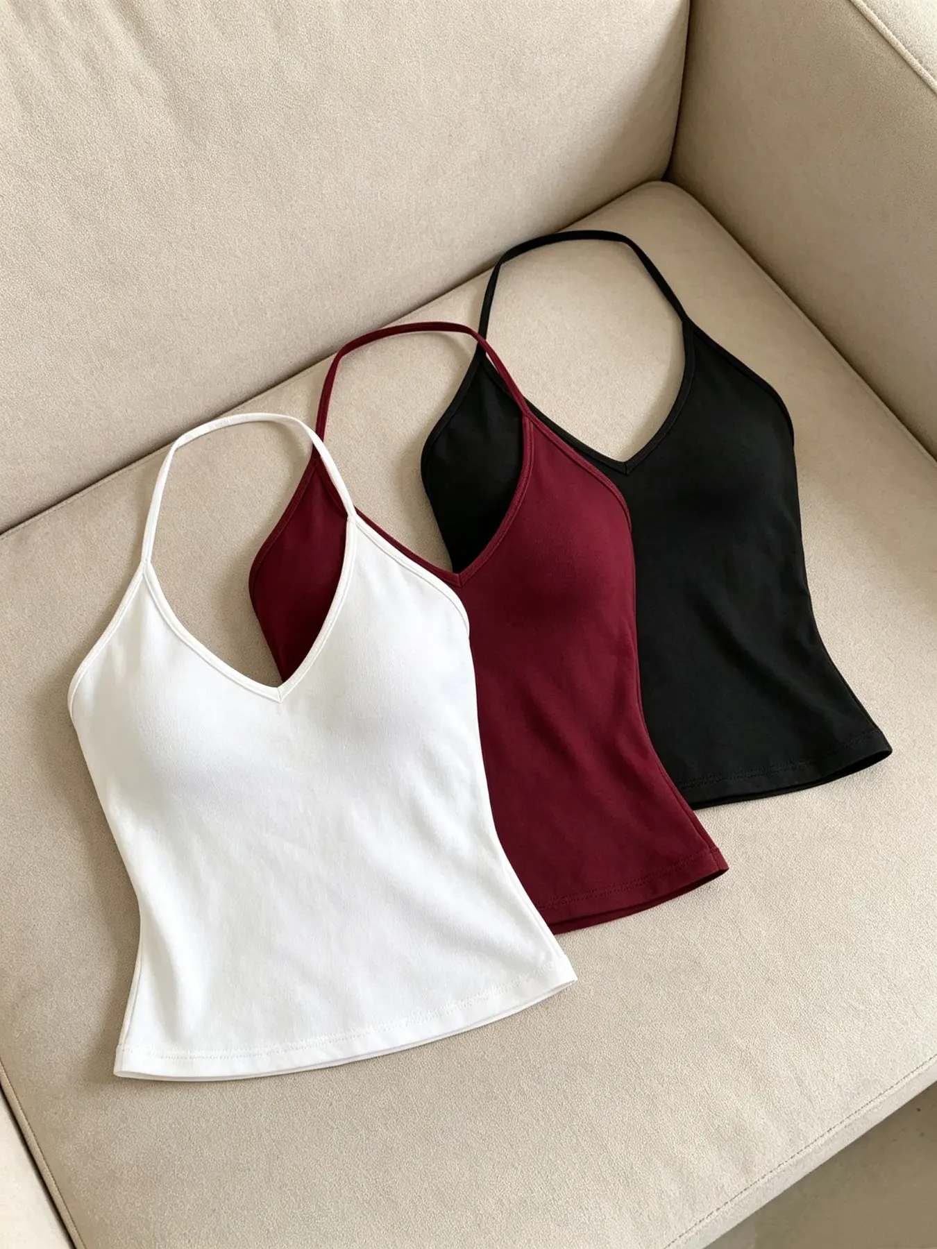 Women's Fashion Simple Sexy Slim Fit Solid Color Thin Strap Halter Top Three-Piece Set, Elegant Sleeveless and Comfortable Summer