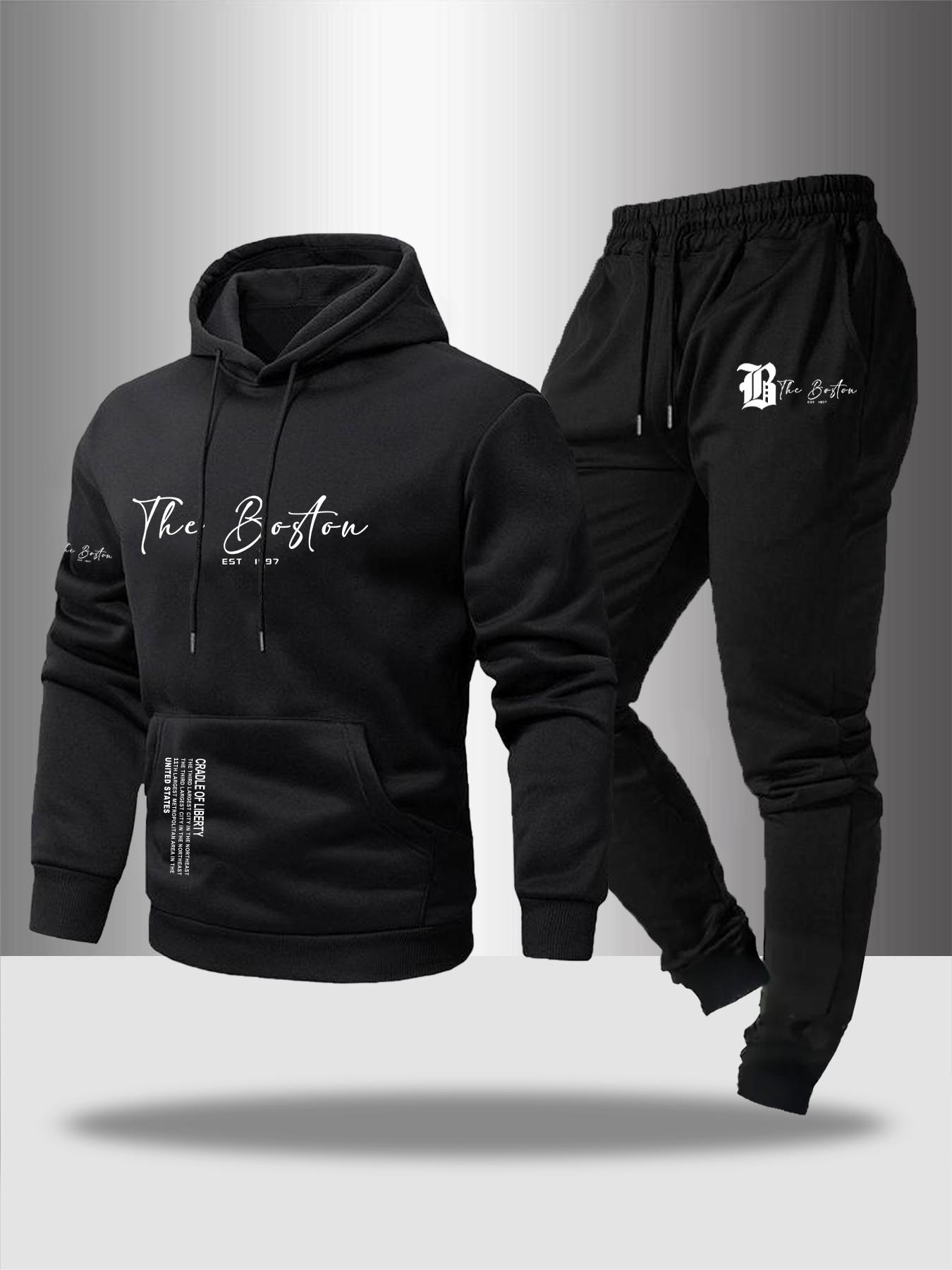 Men's Fall Winter Casual Two-Piece Set, Hooded Sweatshirt & Drawstring Waist Pants, Thicken Fabric, Fitted Style, Letter Print Design
