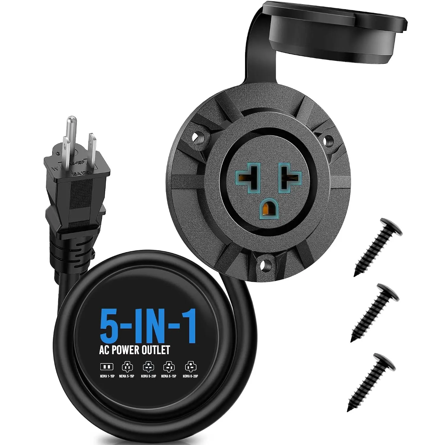 MICTUNIGN 5-in-1 Outdoor Power Outlet, 20A 125V 12AWG Receptacle Outlet Weatherproof Cap, RV Shore Power Outlet with Integrated 20-Inch Outdoor Extension Cord