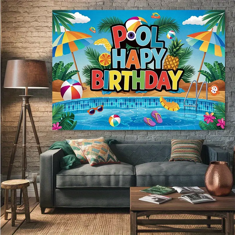 1pc Vibrant Pool Party Birthday Banner - Colorful Polyester Wall Decor with Tropical Pool Scene for Home, Room, and Event Decorations, Pool Decorations