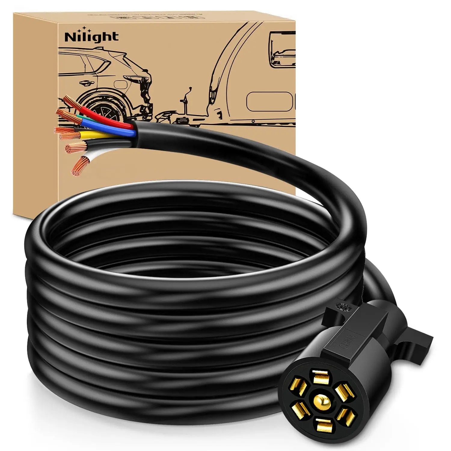 Nilight 12ft Heavy-Duty 7-Way 7-Pin Inline Trailer Cord with Copper Wire, Inline Plug, and Waterproof Seal