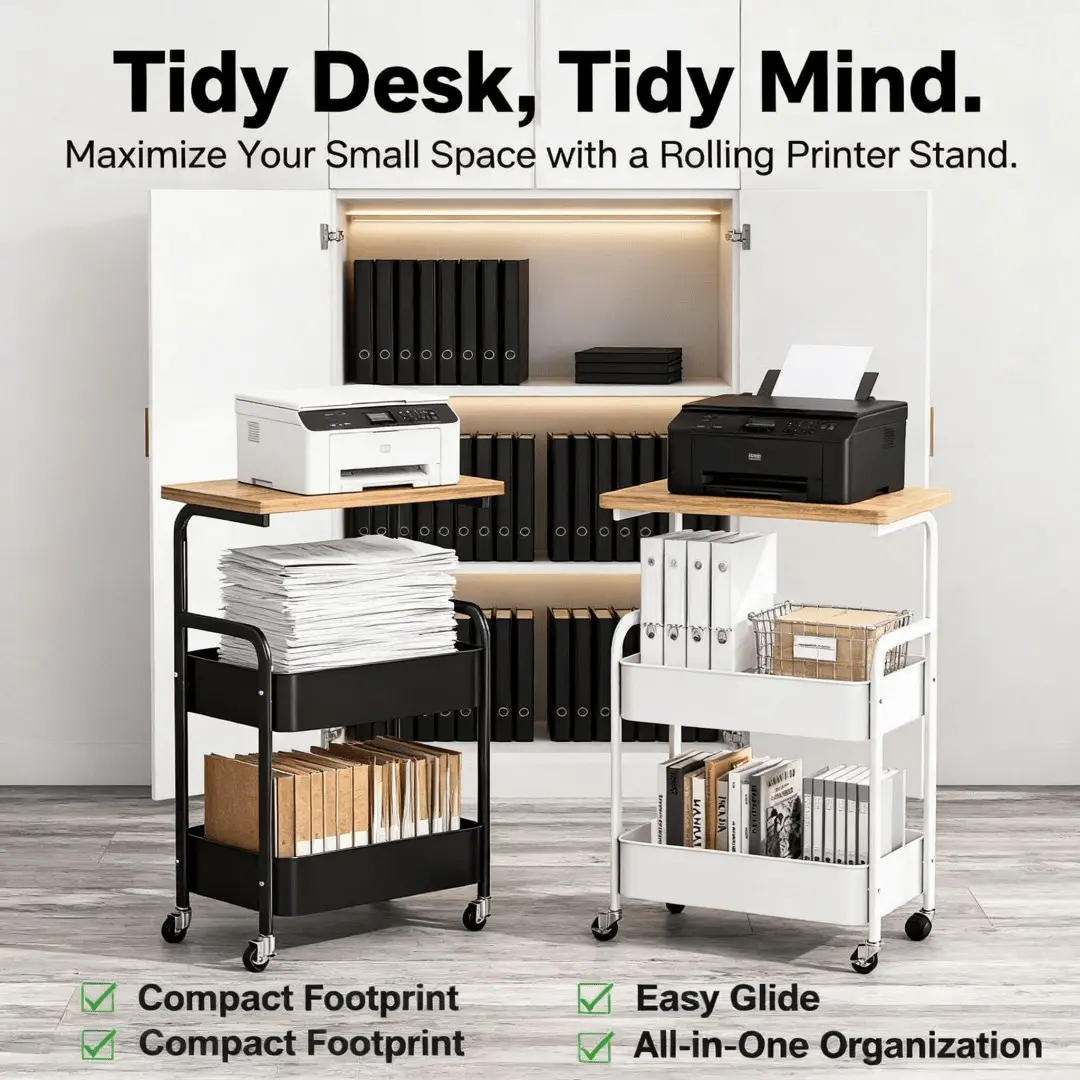 3-Tier Printer Stand with Storage Shelves and Wheels for Home Office, Mobile Cart for Thermal Scanners, Fax Machines, Desktop Organizers, and Office Storage