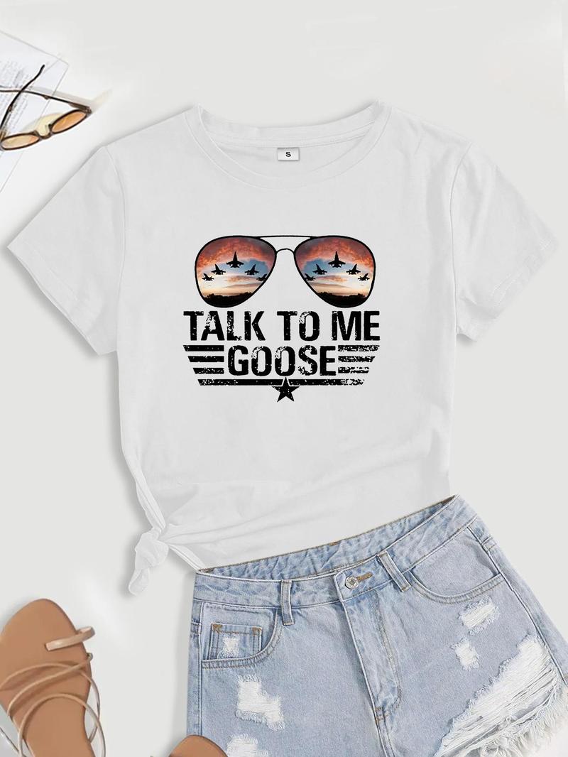 Women's Glasses & Letter Print Round Neck Tee, Short Sleeve Graphic T-shirt For Summer, Women's Top For Daily Wear