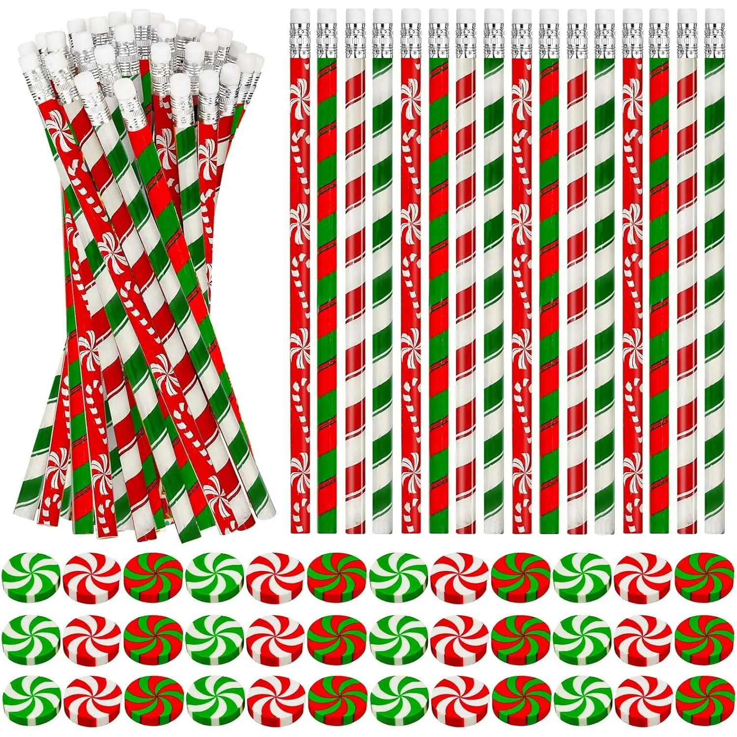100 count Christmas Pencils and Candy Cane Eraser Bulk,Xmas Stationery Pencil Christmas Eraser for Holiday School Party Favors Stocking Stuffers Classrooms Student Rewards Teacher Supplies