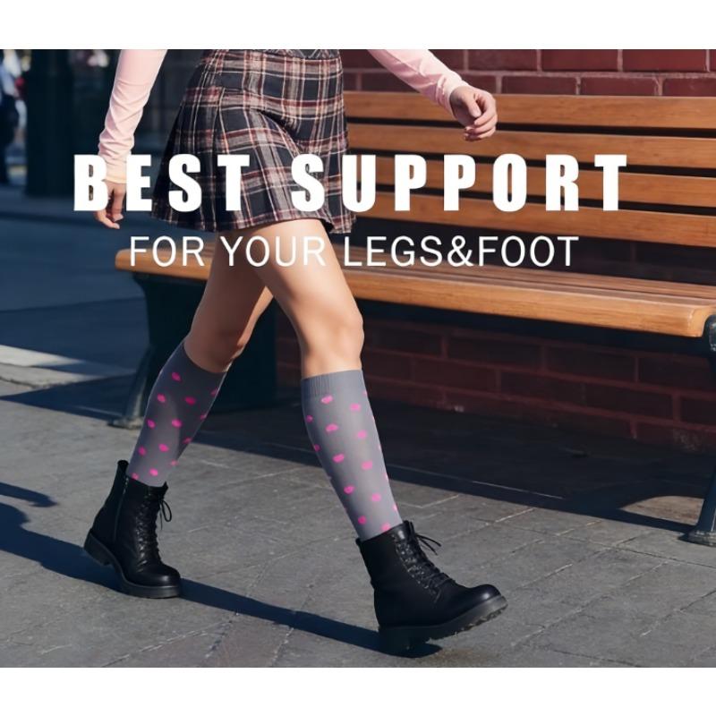 NEWLIFEJWL Sporty Knee High Compression Socks Set - 6 Pairs with Stylish Striped & Heart Prints, Performance & Recovery for Athletes, Gym, Casual Wear, Black & Multicolor