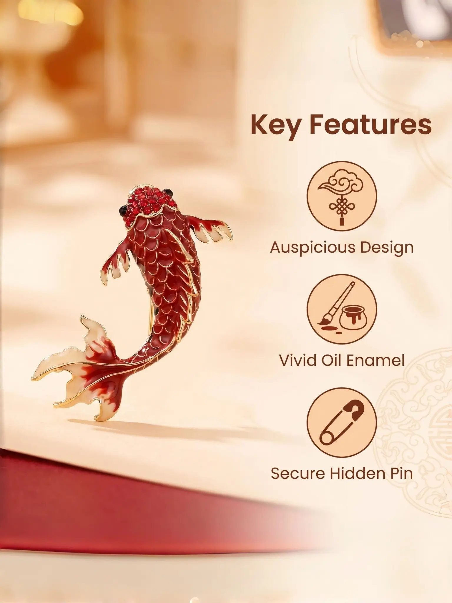 Chinese Oriental Red Koi Fish Brooch, 1pc, Vivid Oil Enamel Rhinestone Lapel Pin, Traditional Folk Pattern Decorative Accessory, Versatile Match for Daily Outfits & Hanfu, Elegant All-Occasion Gift