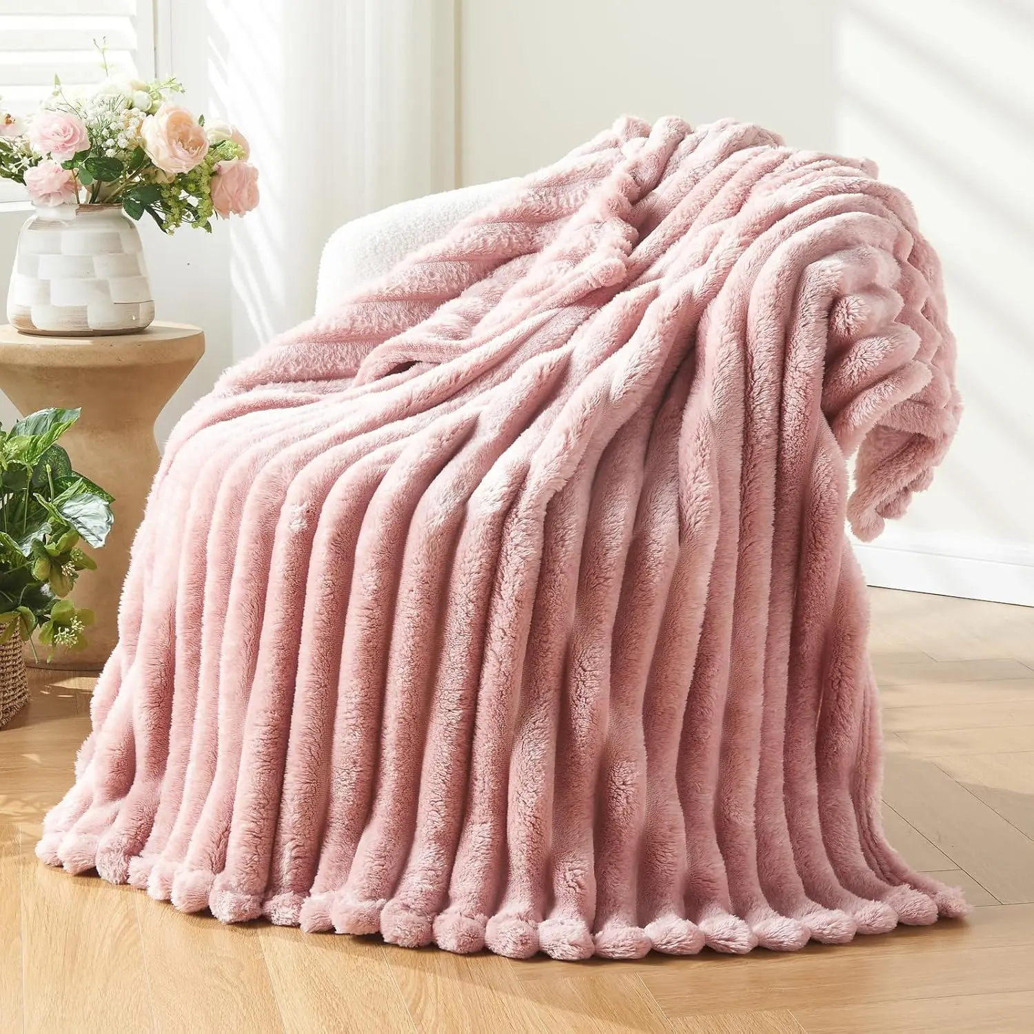 Fleece Ribbed Cozy Throw Blanket for Couch, Pink, 50"x60" |   Flannel Blanket, Soft Lightweight Throw Blanket for Bed Sofa Decor, Gift for All Season Use