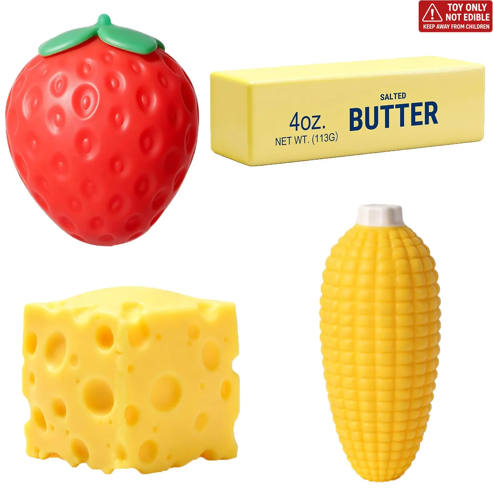 4pcs Fruit Squishy- Cheese Squishy,Strawberry Corn Squishy，Butter Squishy,Squeeze Toys,Fruit squishies for Stress Relief,Gift for Boys Girls Adults