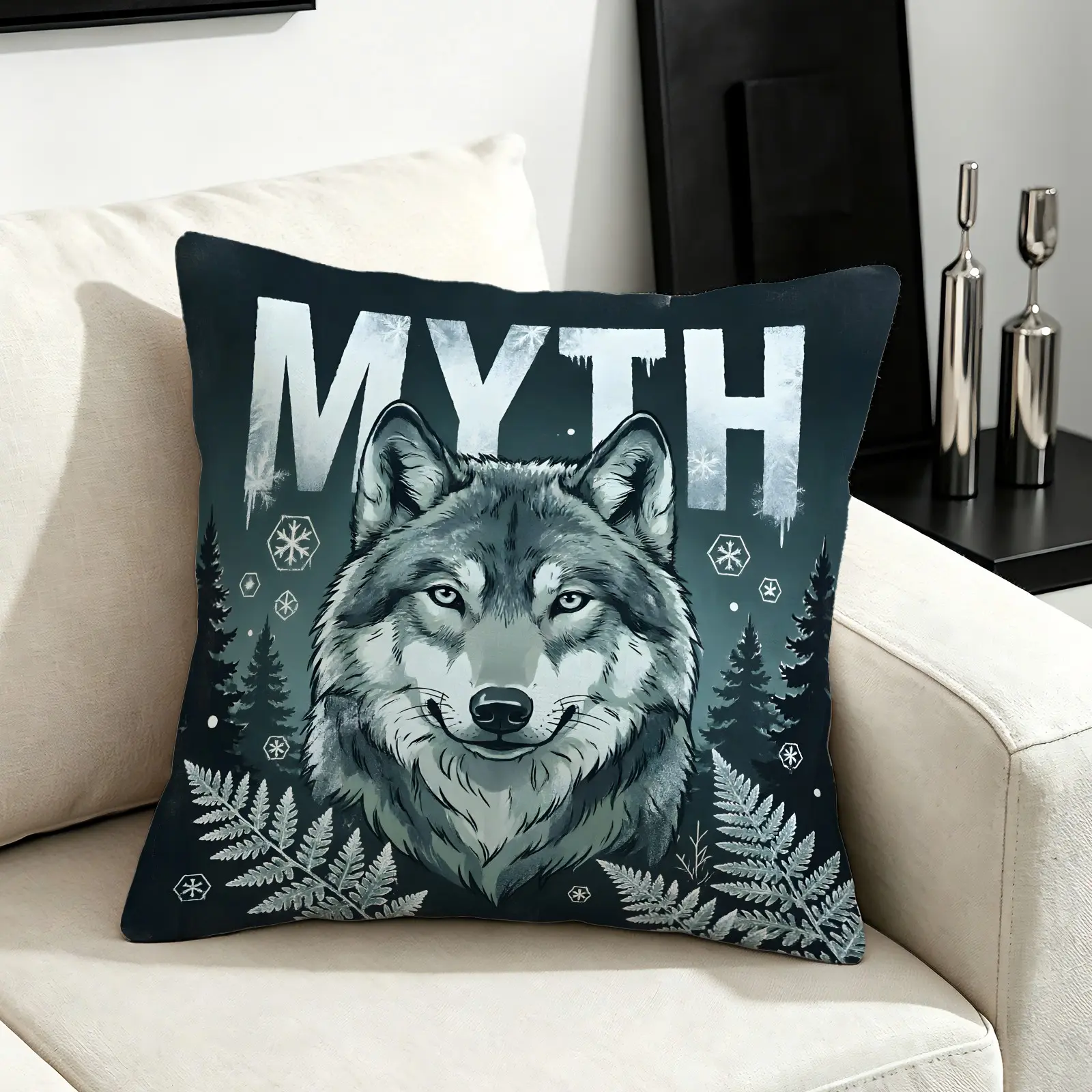 45x45cm 1 Piece American Retro Wild Cool Wolf Head Printed Throw Pillow with English Poster Print, Machine Washable, Vintage Textured Fashion Print, Plush Soft Filling, All-Age & All-Scene Four-Season Cushion (Pillow Insert Included)