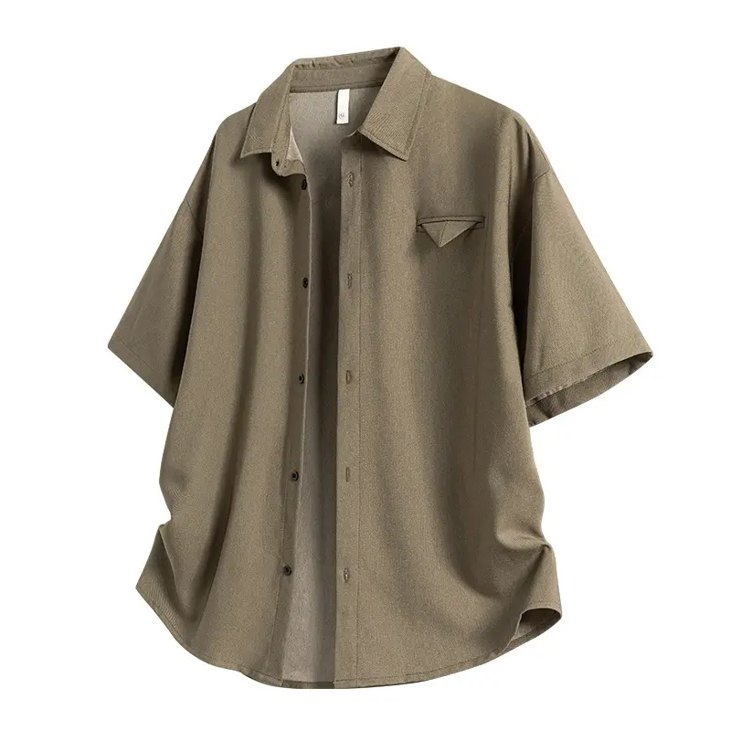 Men's Khaki Collared Lapel Short Sleeve Shirt - Japanese Minimalist Triangle Pocket Top, Soft Polyester Fabric, Lightweight Breathable Casual Wear Menswear