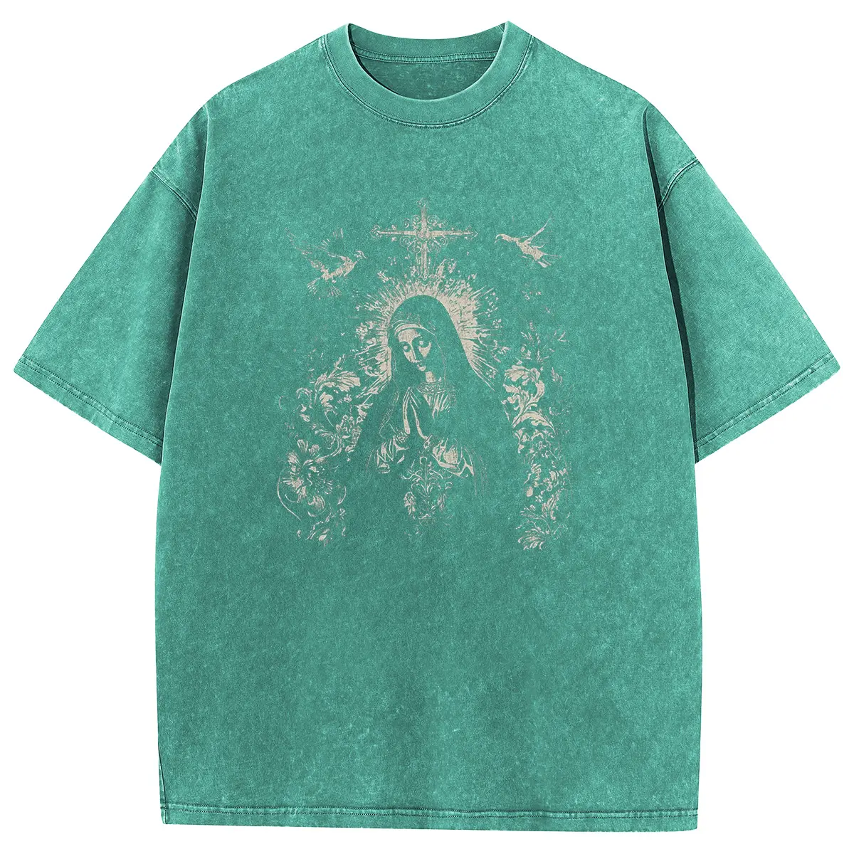 Digitex Virgin Mary Print Acid Wash T-Shirt, Oversized Loose Fit Heavy Cotton Tee, Distressed Retro Streetwear Top for Men and Women