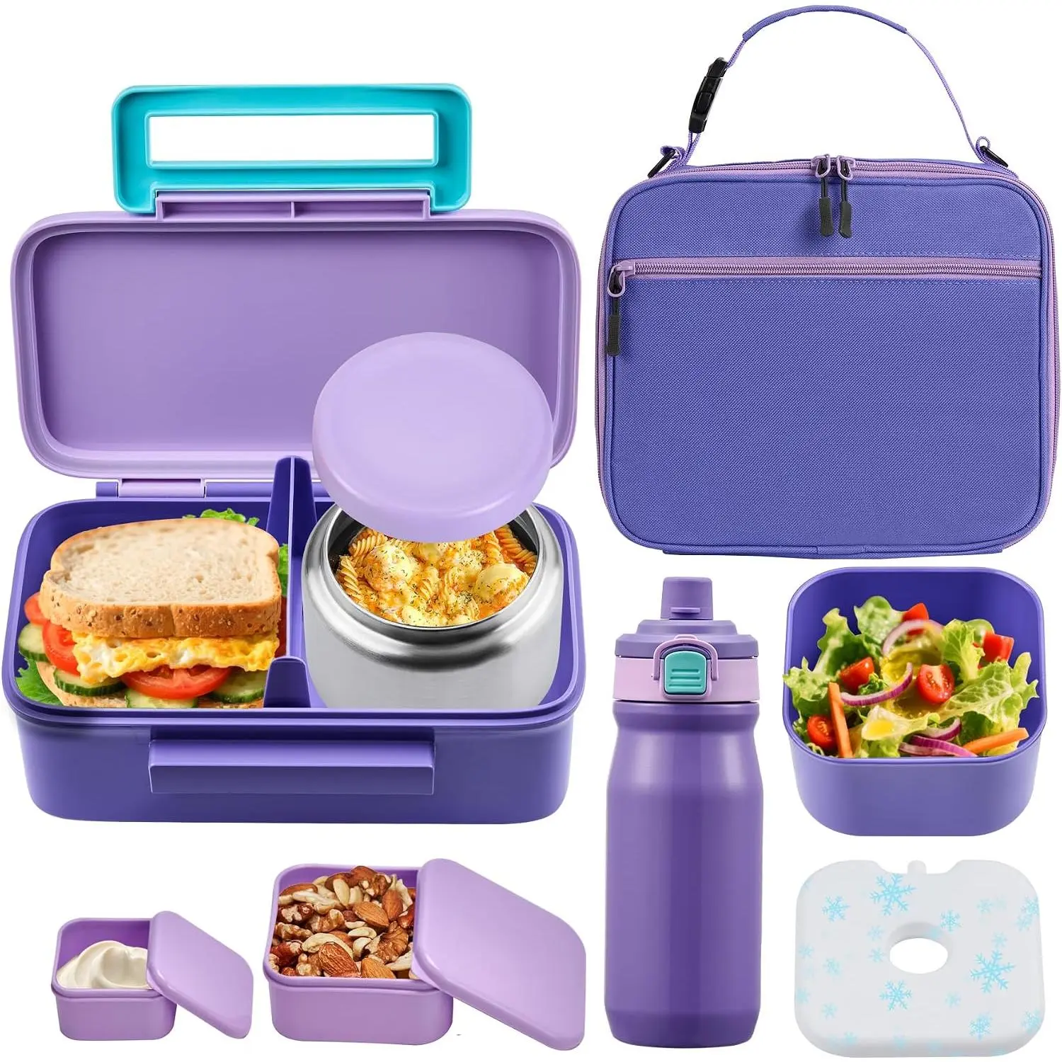 Lunch Bento Box with 8oz Thermo Ice Pack  Container with Insulated Lunch Bag, Insulated Water Bottle with Straw for Girls Boys, (A-)