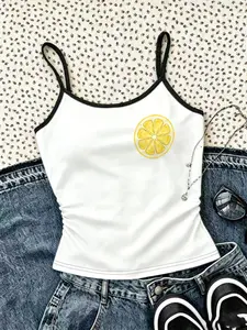 1-piece girls' simple watercolor style yellow lemon slice pattern thin shoulder strap top, casual slim fit breathable lightweight sleeveless tank top, suitable for girls' vacation, outdoor and daily wear