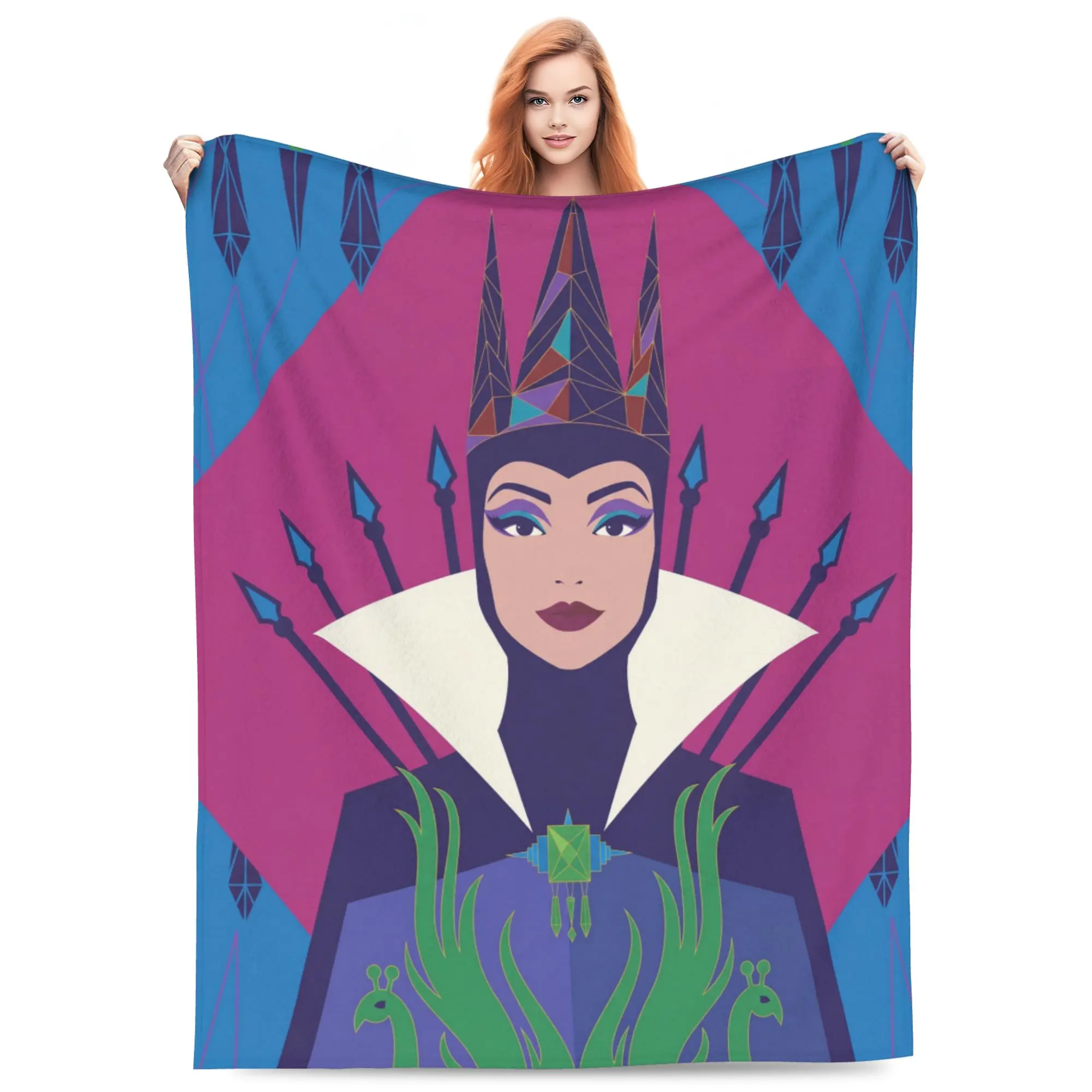 DISNEY CLASSIC Evil Queen Snow White Throw Blanket, Modern Geometric Peacock Villain Art Purple Pink Background Flannel Fleece Blanket Soft Cozy Blanket for Sofa Bed Gift for Teens Adults