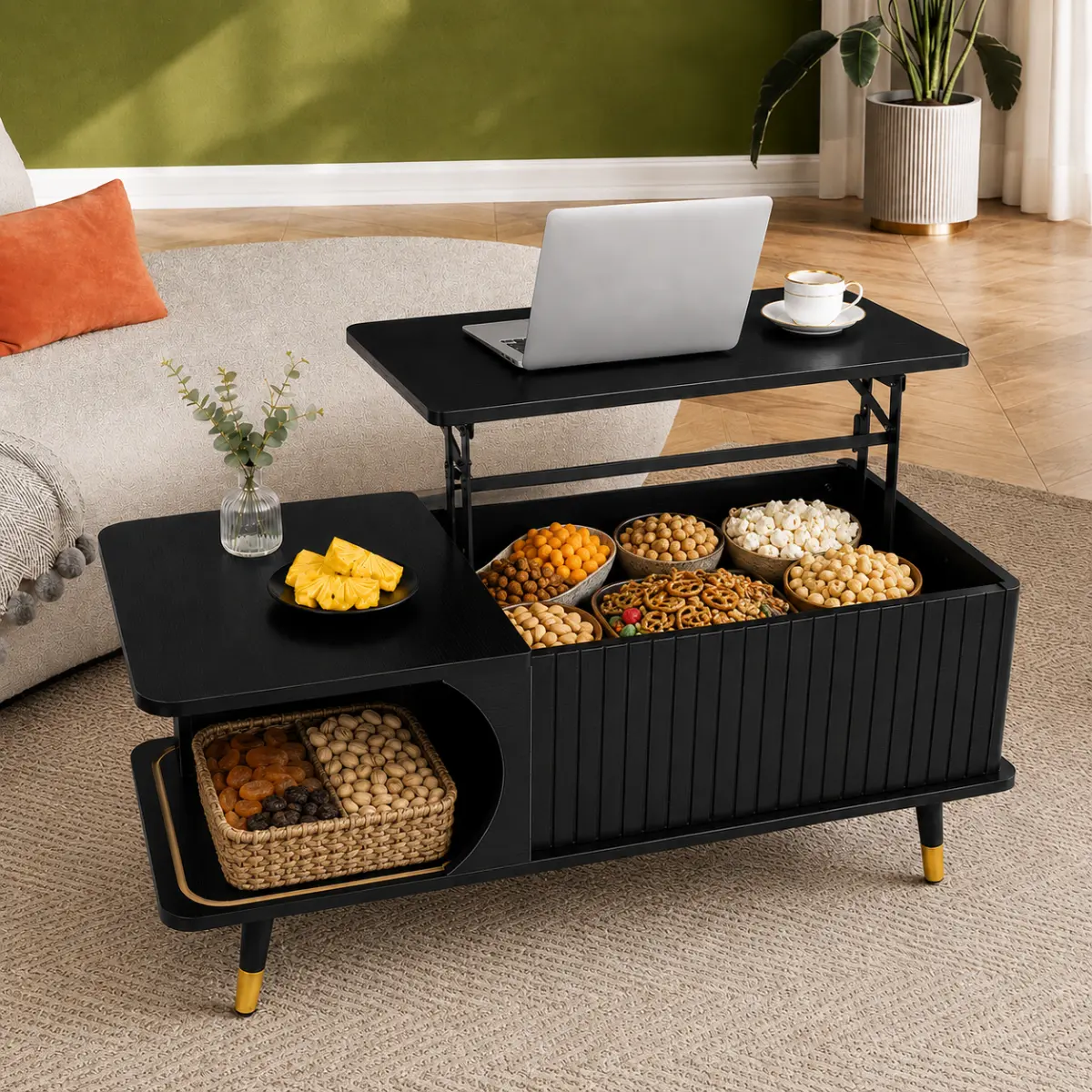 [Fahuac] Modern 39-in Lift-Top Coffee Table with Hidden Storage Compartment, Adjustable-Height Dining Table for Living Room, Coffee Tables