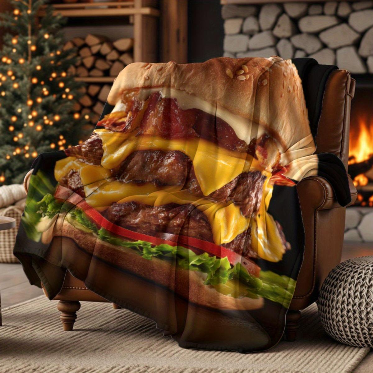 1 Piece Throw Blanket - Soft and Lightweight, Suitable for All Seasons, Hamburger Pattern, Black Background - Ideal for Living Room, Bedroom, Nap Time - Ideal Gift for Food Lovers and Hamburger Enthusiasts - Modern Home Decor, Vibrant Colors