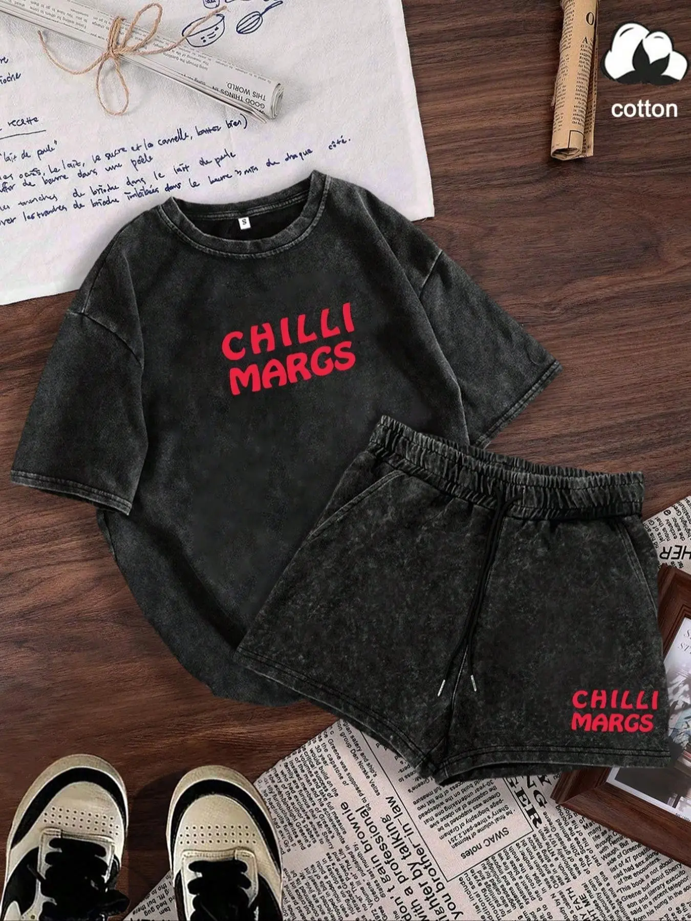Two-Piece Set Women's Chilli Marg Letter Print Short Sleeve Tee & Shorts, Casual Round Neck T-shirt & Shorts, Ladies Clothes for Daily Wear, Suits