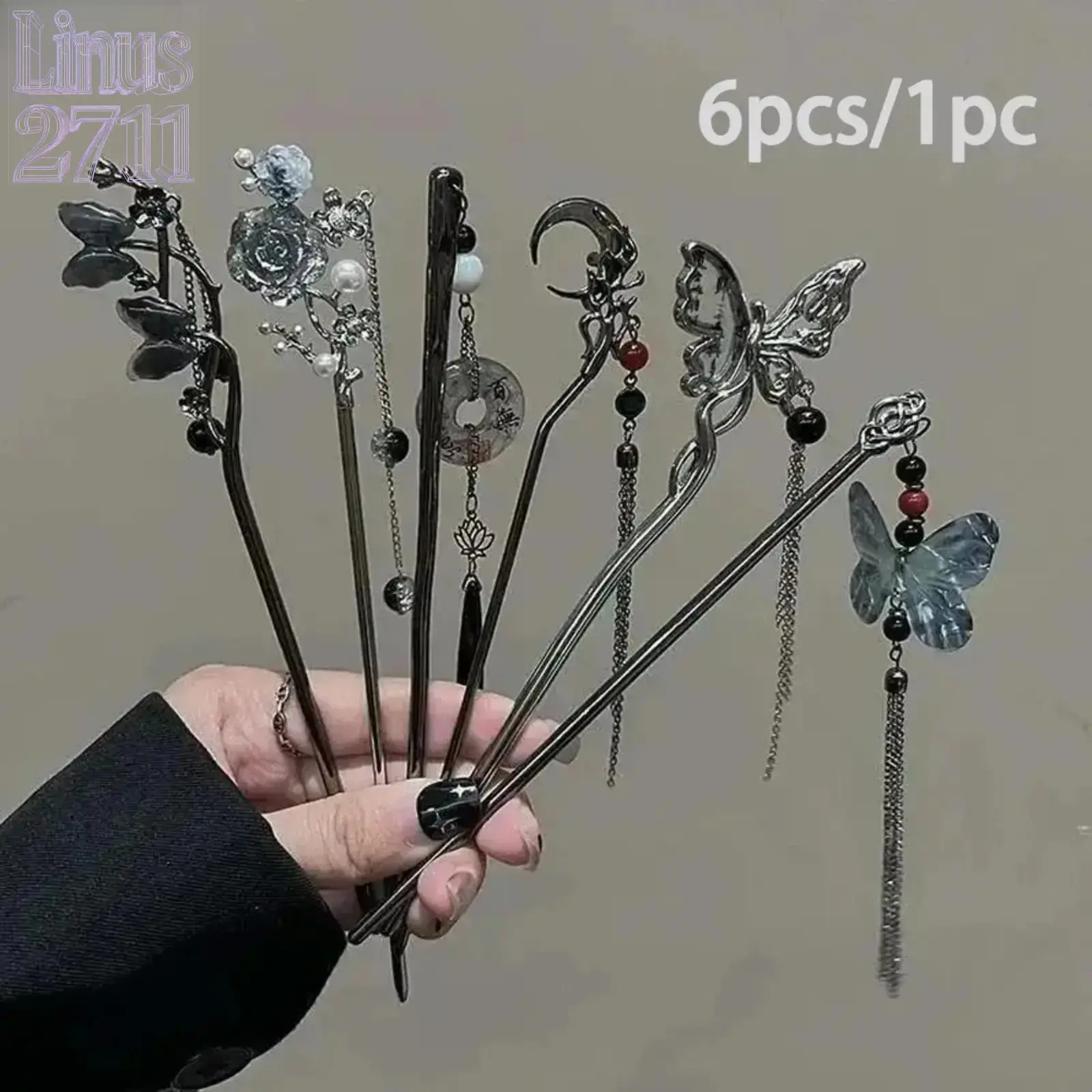 6-Piece Vintage Chinese Style Hairpin Set, Metal Butterfly & Floral Tassel Hair Sticks, Accessories for Women for Hanfu Wear & Elegant Goth Whimsical Look, Womens Gifts, Hair Accessories, 6Pcs, Goth Elegant, Daily, Female, Whimsy