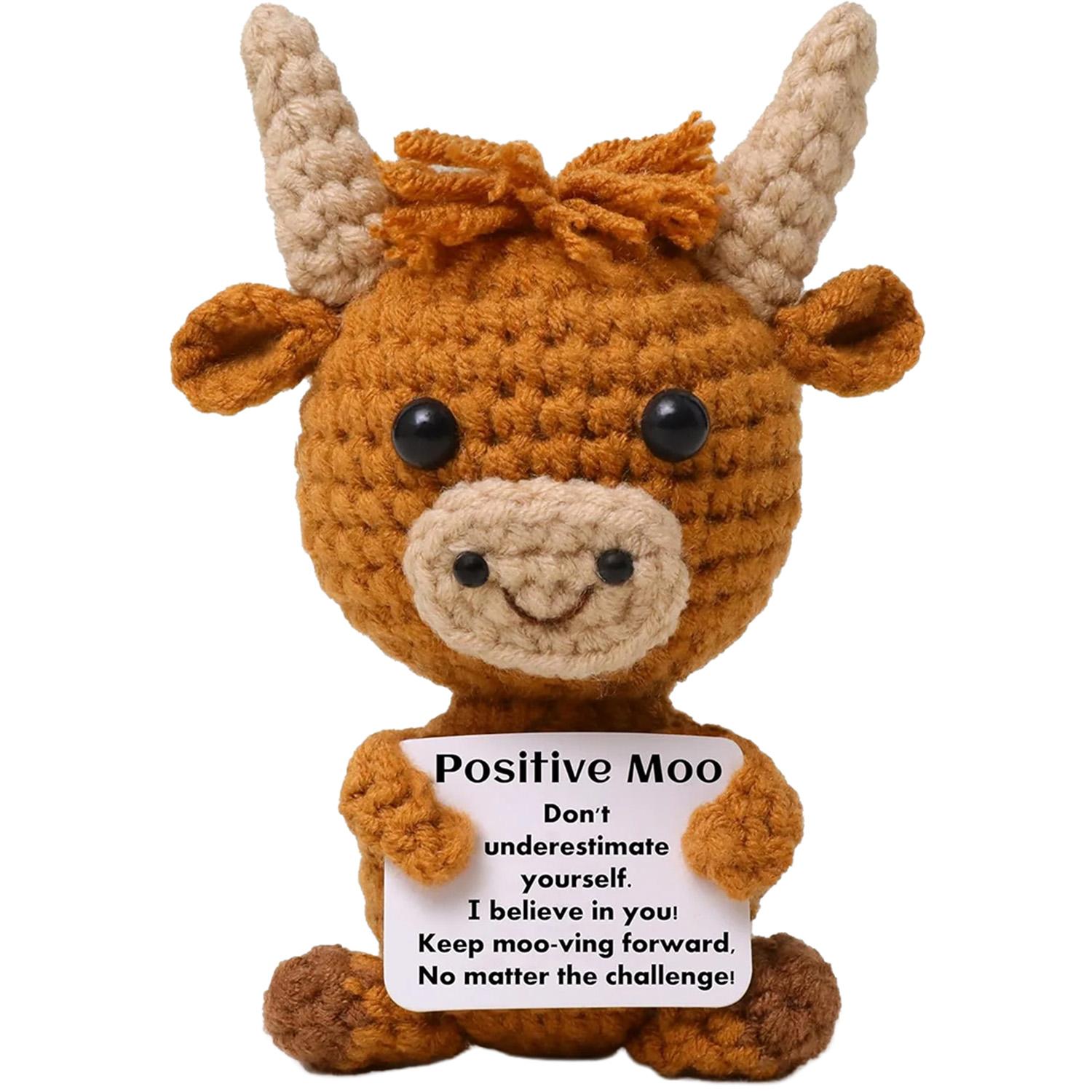 Mini Highland Cow Knitted Wool Toy with Positive Affirmation Card, Cute Crochet Emotional Support Doll, Perfect Cheer Up Gift for Women Students Friends, Adorable Christmas Keepsake & Heartwarming Home Decor to Bring Comfort and Encouragement