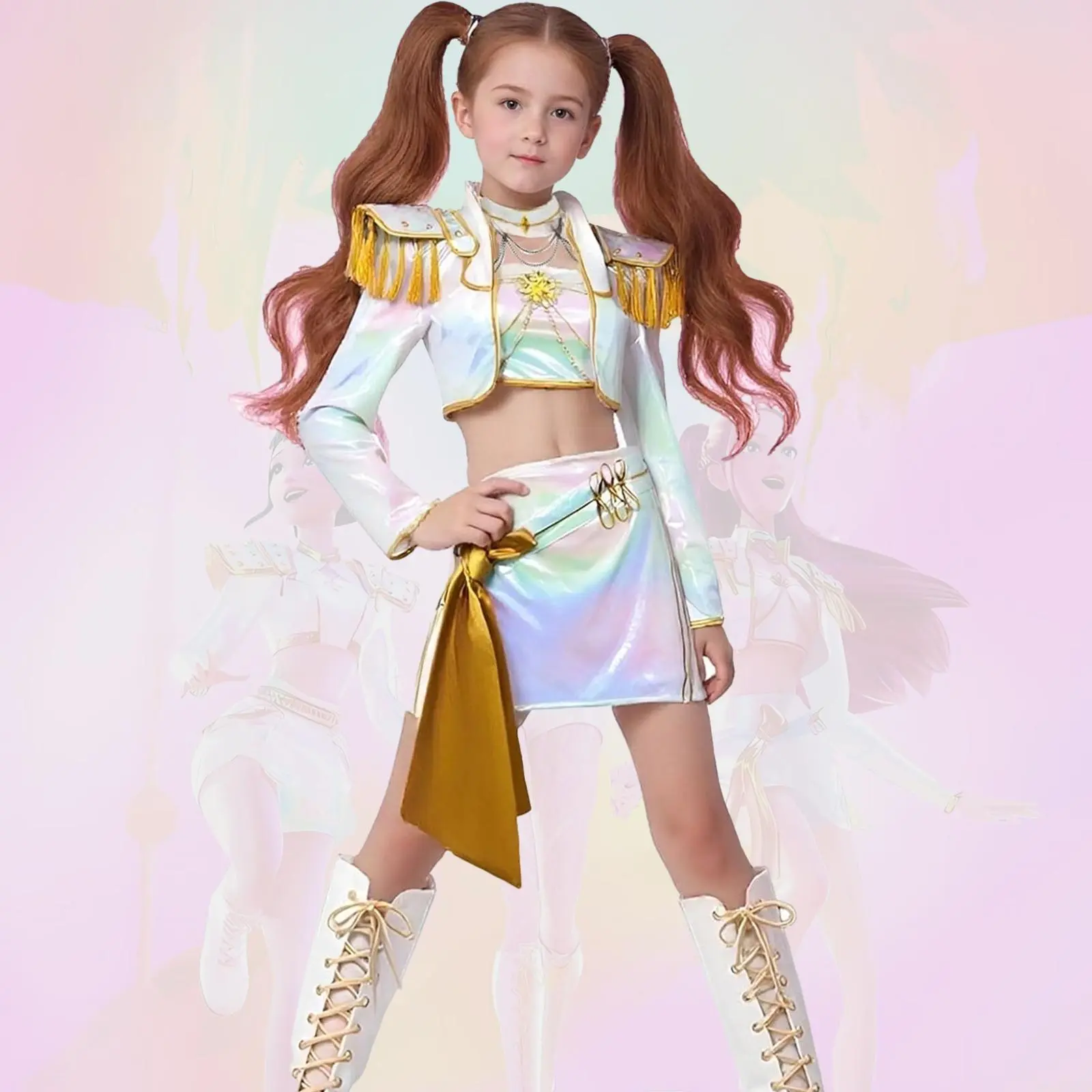 Sparkly Kpop Outfit for Girls 4-12 – 2Pcs Glitter Dance Costume with Shimmer Skirt, Perfect for Cosplay, Halloween, Music Festival & Stage Recital