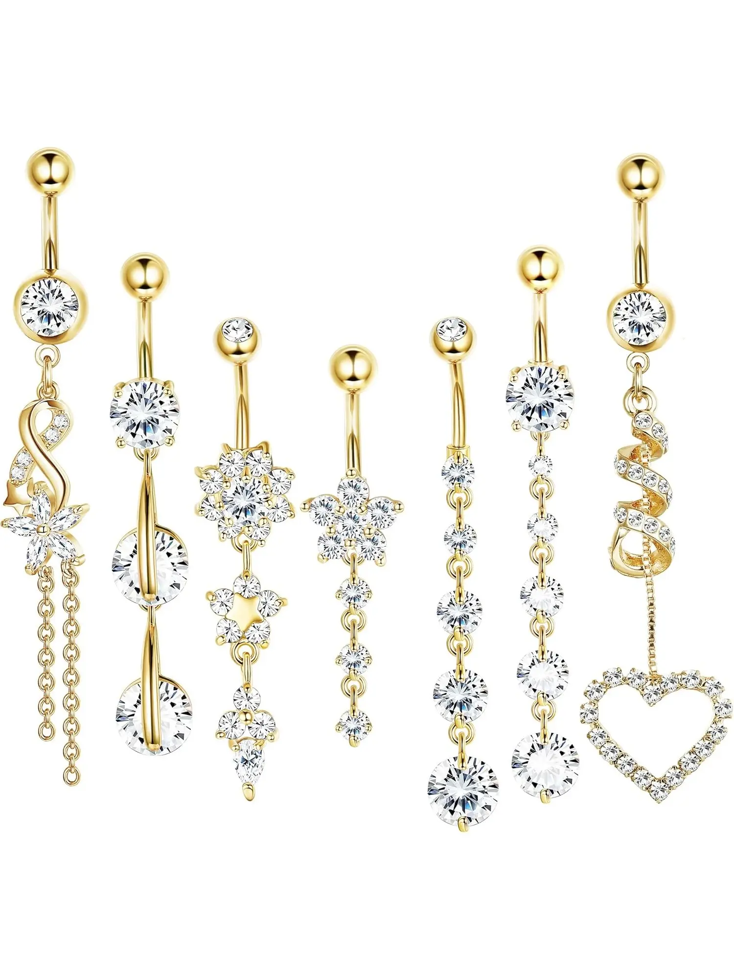 7 Pcs 14G Dangle Belly Button Rings for Women Girls, 316L Surgical Steel Curved Navel Barbell, Hypoallergenic Body Piercing Jewelry for Beach, Daily Wear & Music Festival