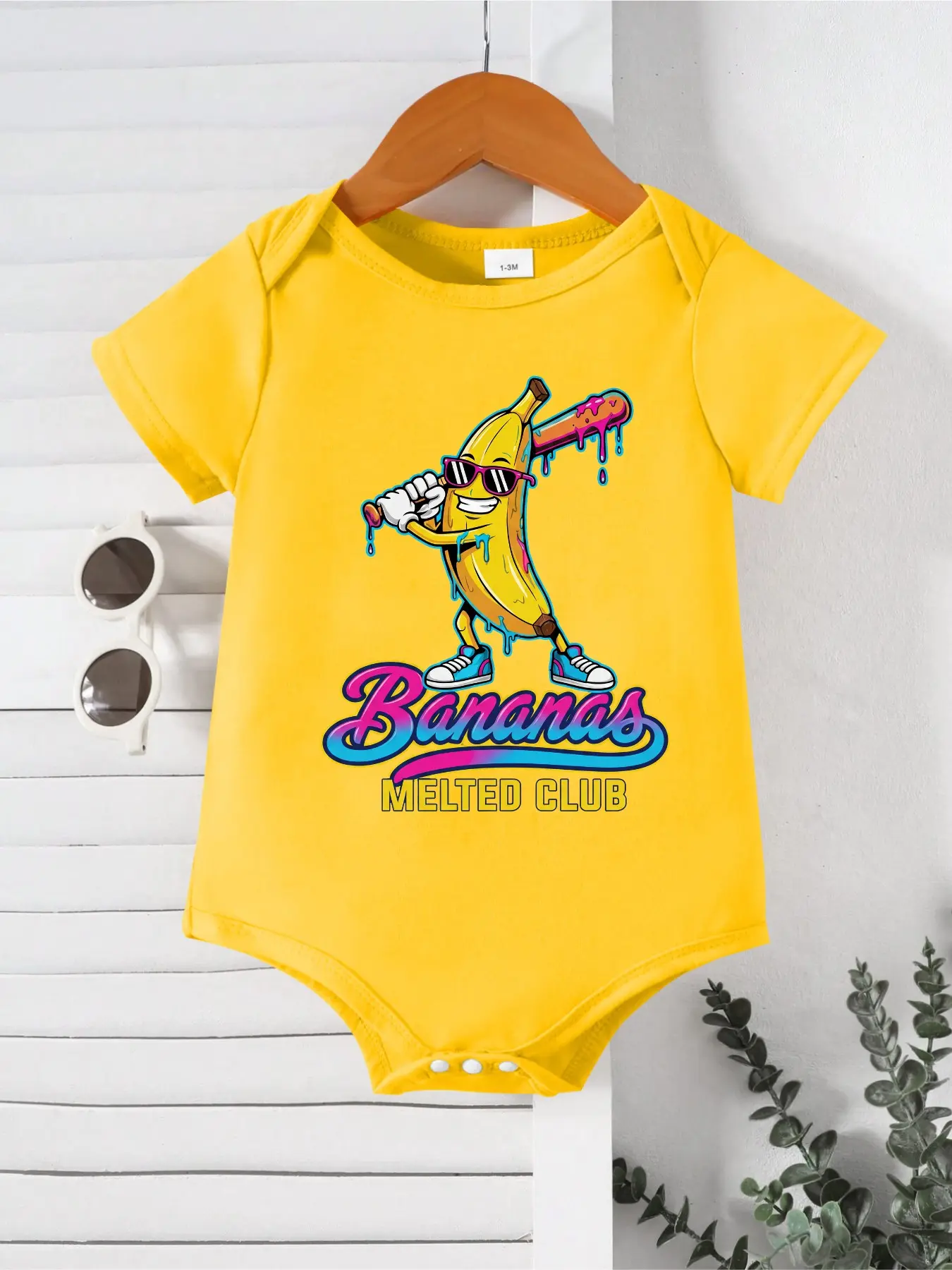 Kids Summer Fashion Jumpsuit, Short Sleeve Graphic Banana & Baseball Print, Slim-Fit Casual, Unisex, Perfect for Outdoor Activities, Gift Idea