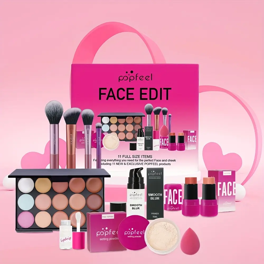 Popfeel Valentine’s Day Face Edit Makeup Kit, 11Pcs Full Size Complete Face Makeup Set, Concealer Palette, Setting Powder, Liquid Foundation & Makeup Brushes, Perfect Gift for Her
