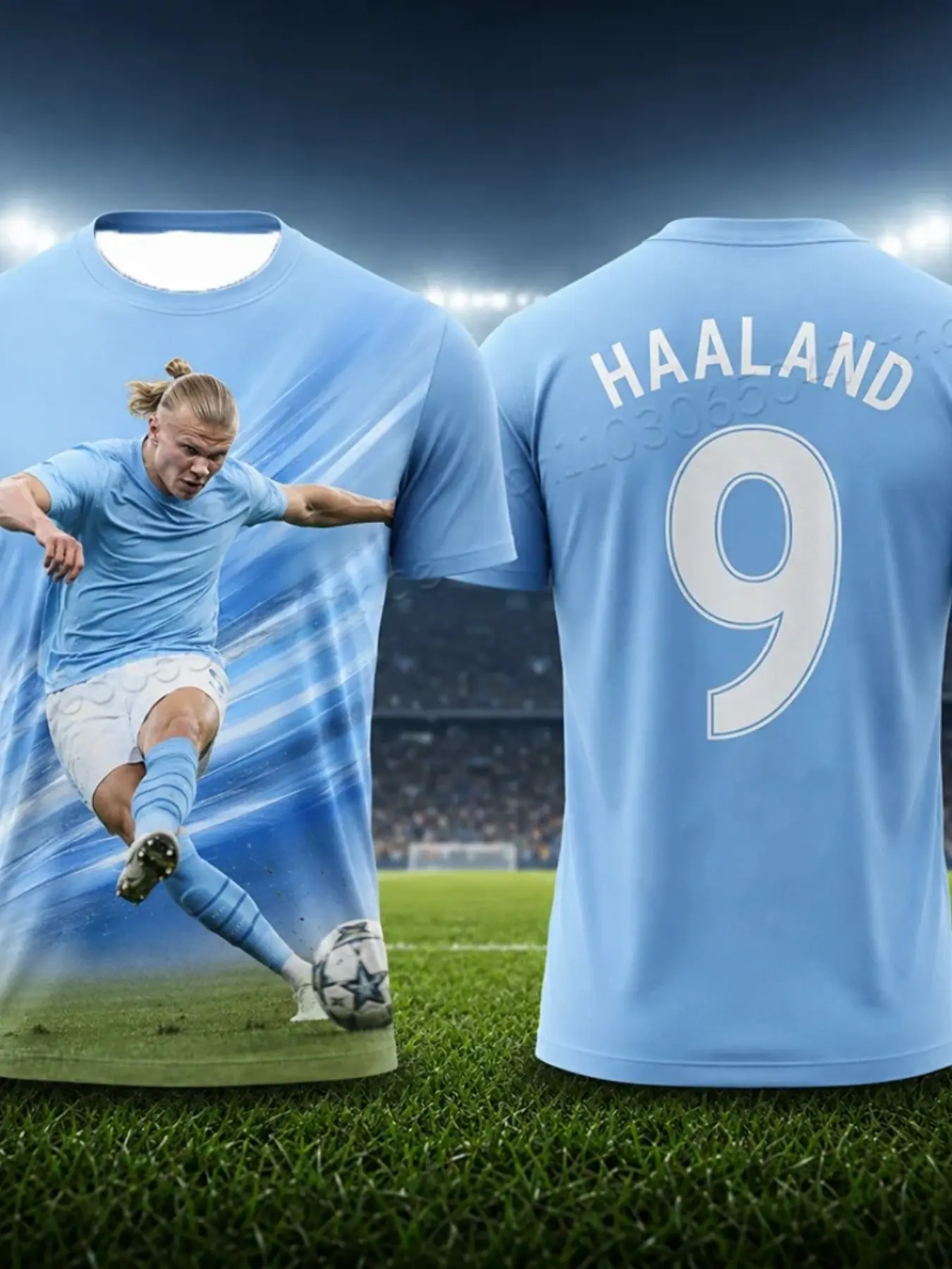 Premier League Manchester City 9 Haaland Goal Fan Memorial Jersey, Dynamic Blue Design, Loose Fit, Short Sleeve, All Seasons