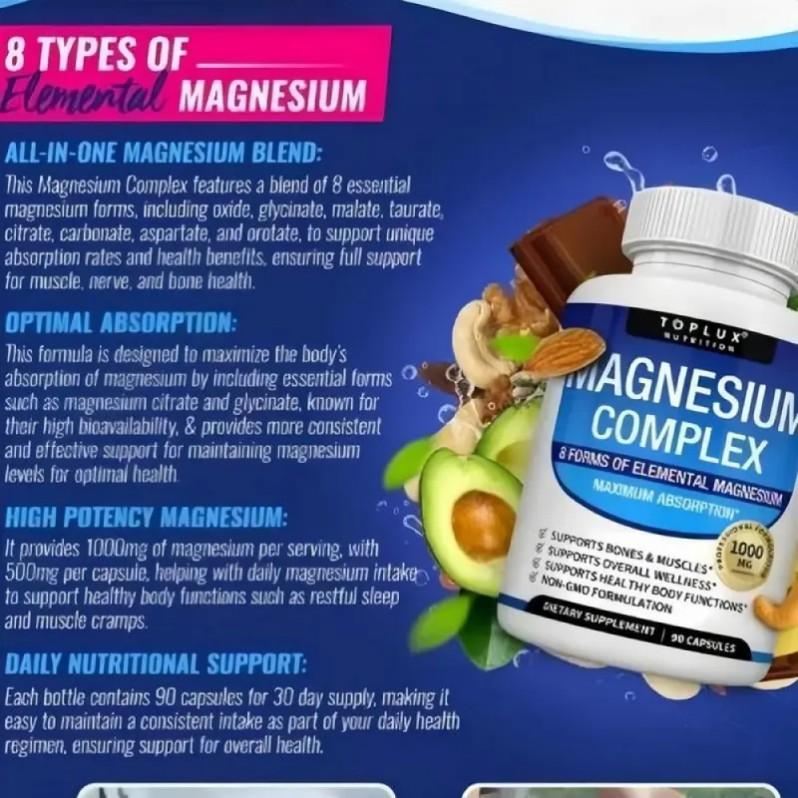 (Flash Sale 3 bottles) TopLux Nutrition Magnesium Complex 1000mg 90 Capsules 7 Elemental Sources Men Women Bone Muscle Sleep Immune Support Nature Decent Fitness Dietary Supplement Malate Taurate Chelated for
