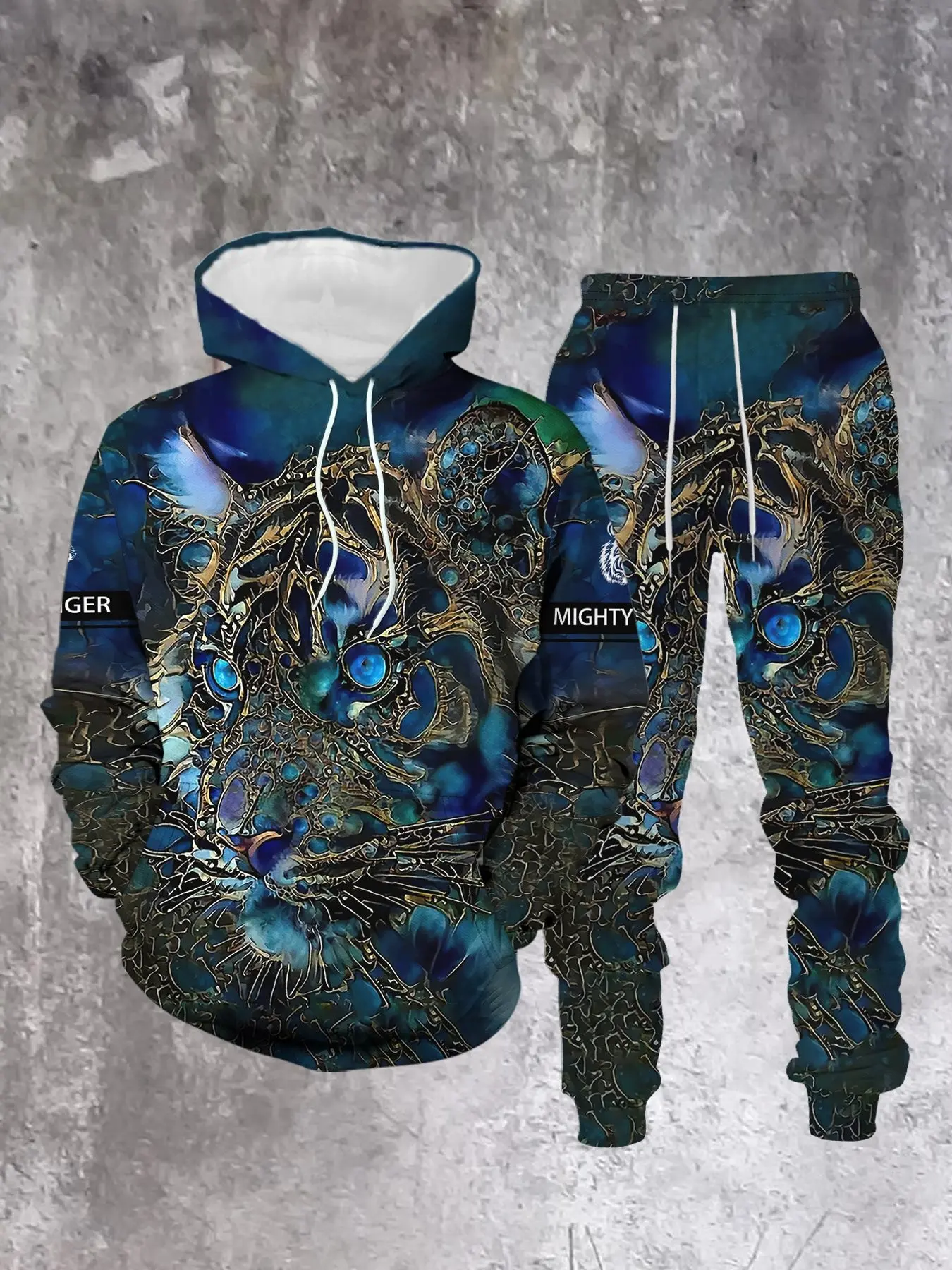 Luxurious Fluid Metal Texture Tiger Loose Fit Hooded Sports Wear for Men, Casual Long Sleeve Sweatshirt, Fall & Winter Fashion